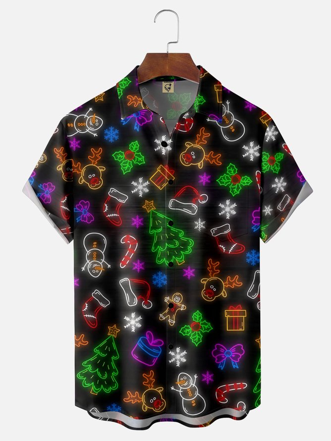 Tall Size Moisture-wicking Christmas Elements Chest Pocket Casual Shirt
