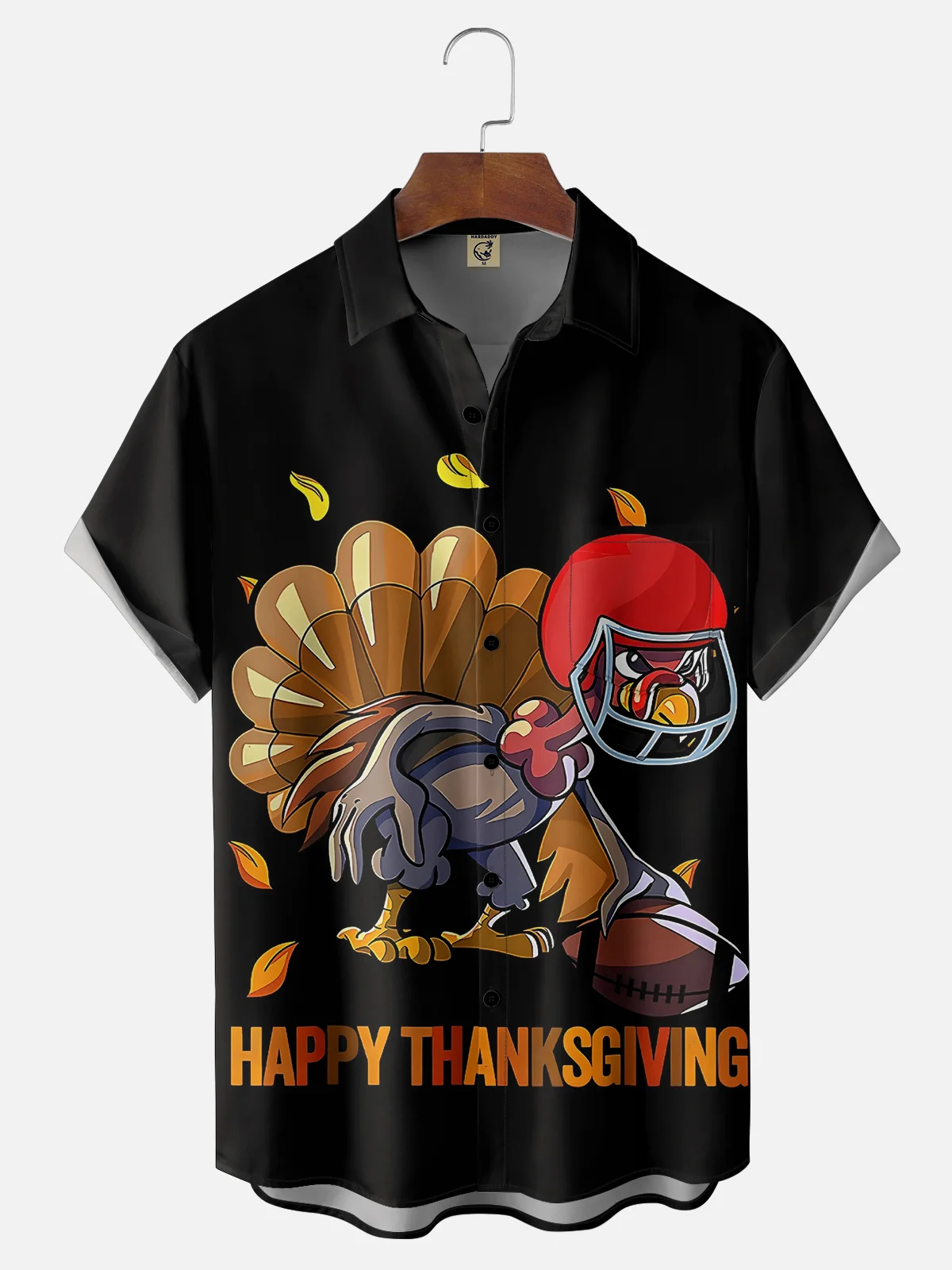 Tall Size Moisture-wicking Thanksgiving Football Turkey Chest Pocket Hawaiian Shirt
