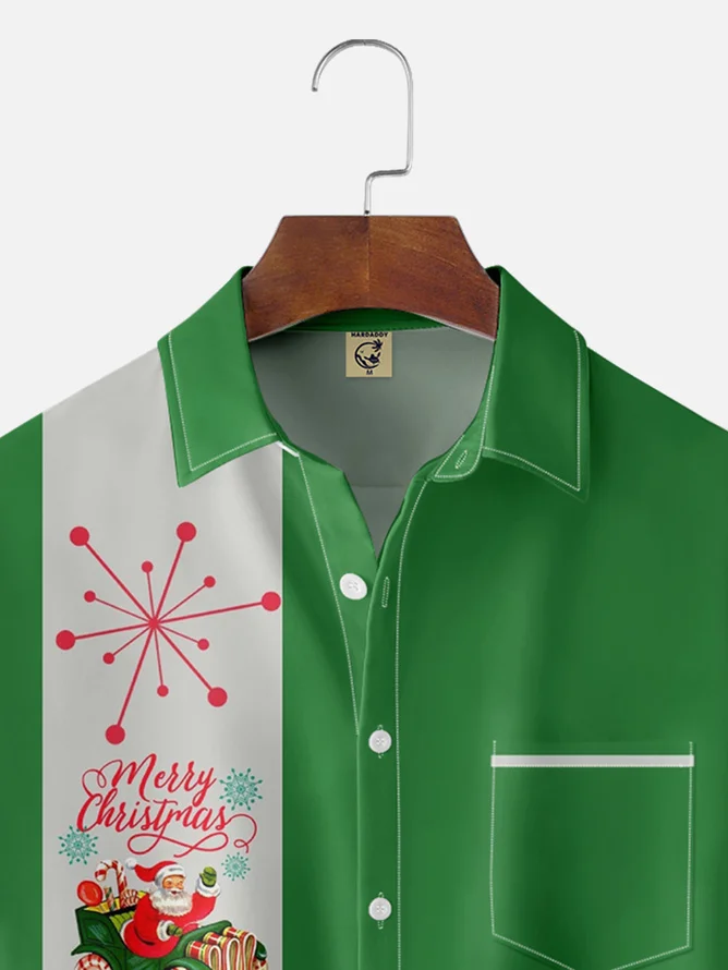Tall Size Moisture-wicking Christmas Santa Claus Chest Pocket Bowling Shirt