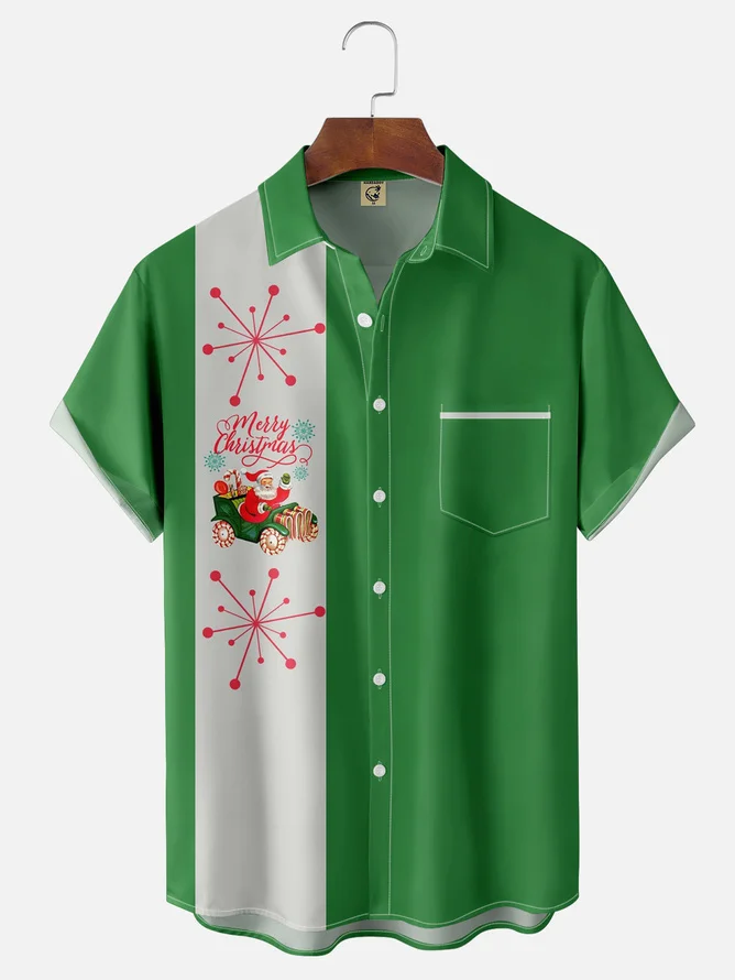 Tall Size Moisture-wicking Christmas Santa Claus Chest Pocket Bowling Shirt