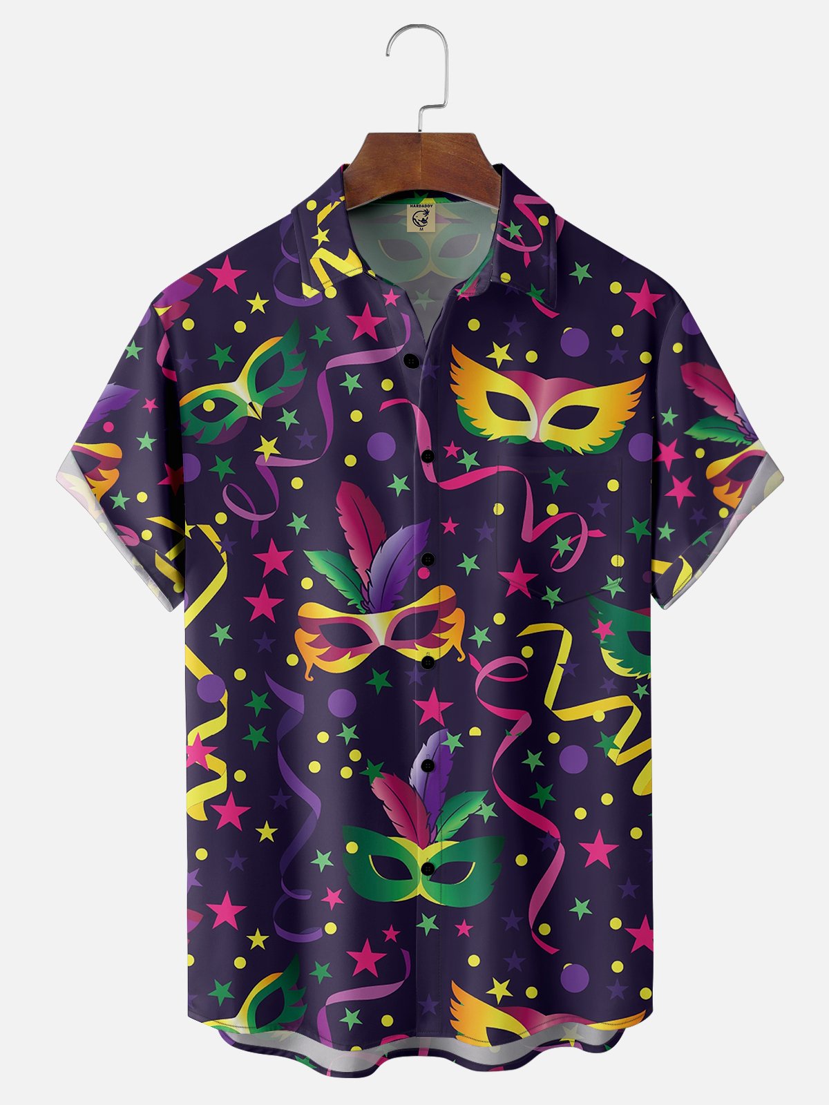 Mens Mardi Gras Carnival Masks Print Casual Breathable Short Sleeve Hawaiian Shirts