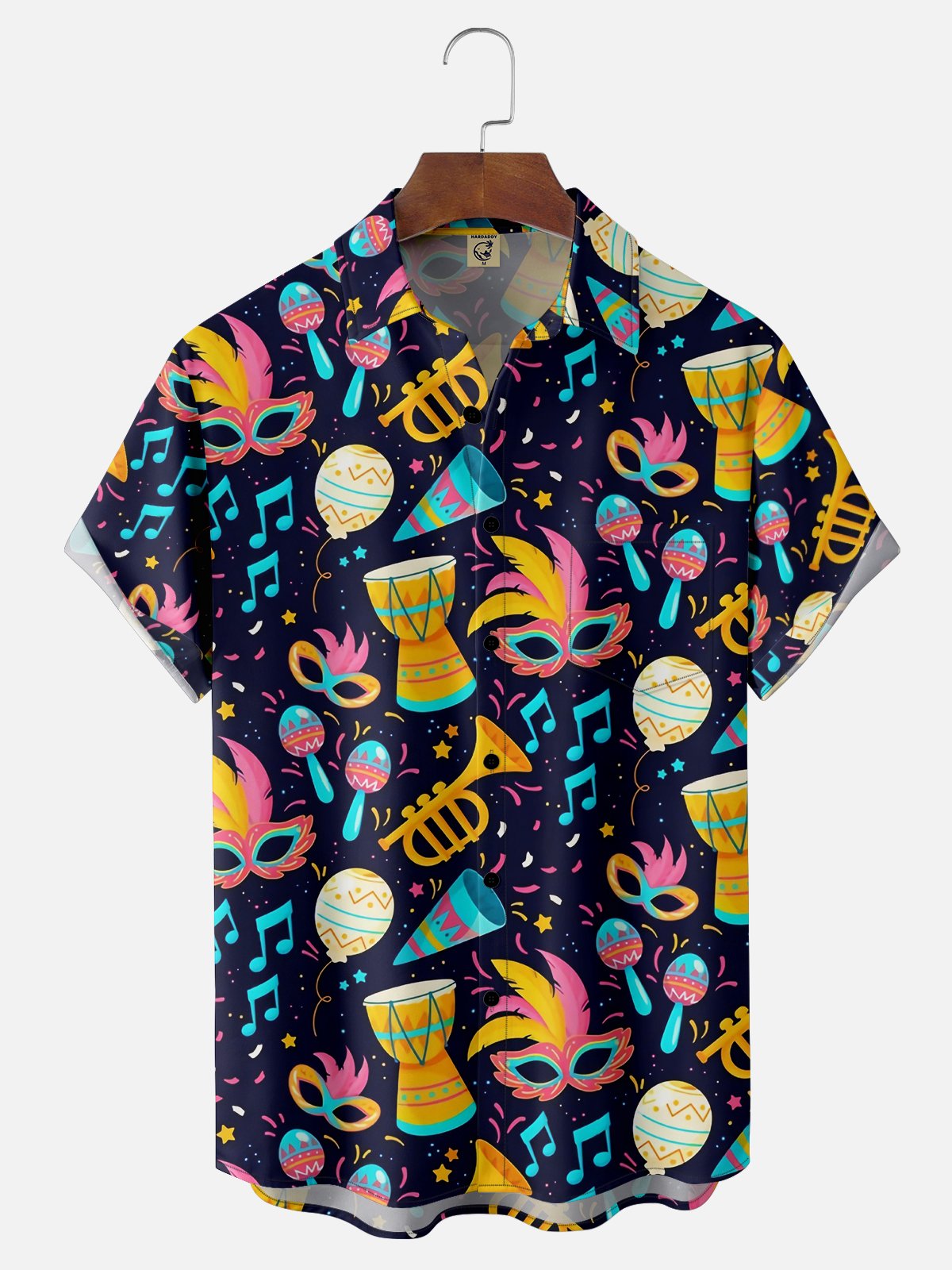 Mens Mardi Gras Carnival Masks Music Guitar Print Casual Breathable Short Sleeve Hawaiian Shirts