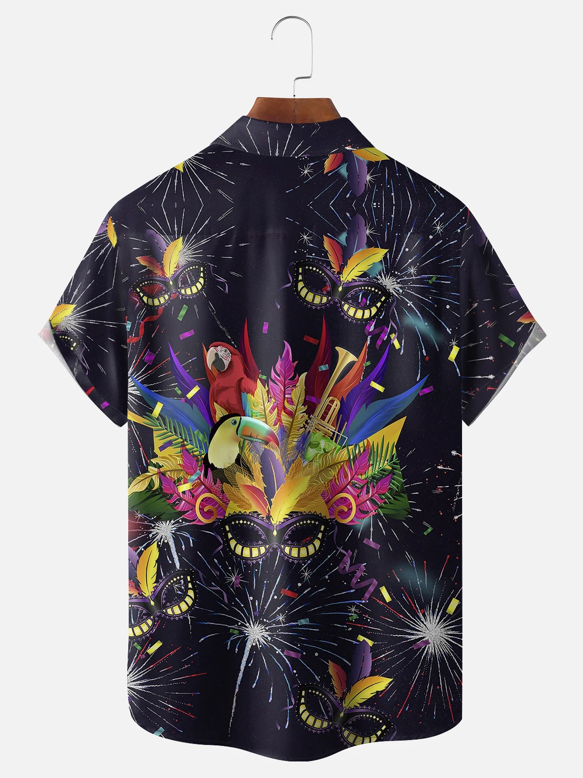 Mens Mardi Gras Carnival Masks Print Casual Breathable Short Sleeve Hawaiian Shirts