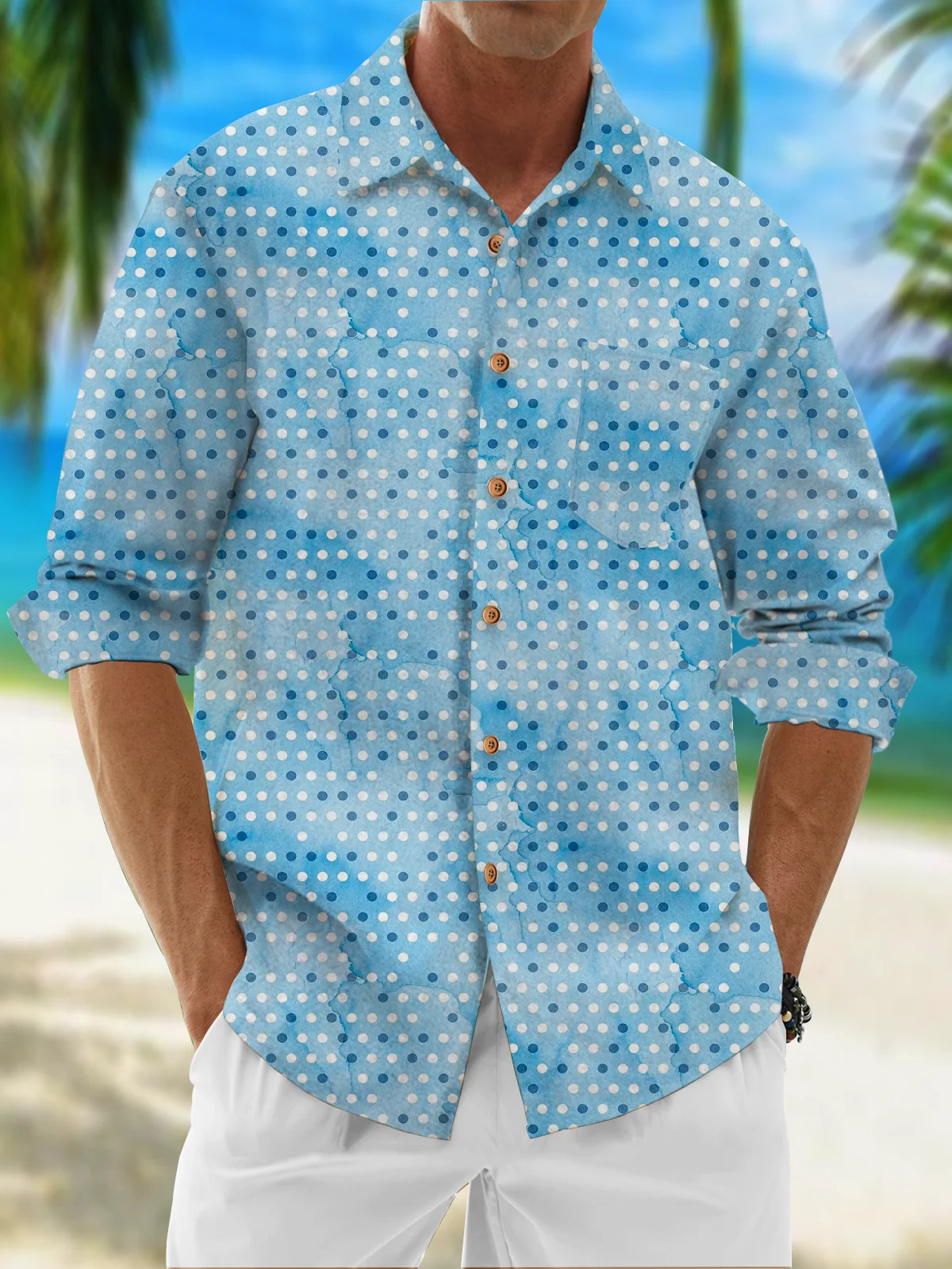 Moisture Wicking Gradient Polka Dot Chest Pocket Long Sleeve Casual Shirt