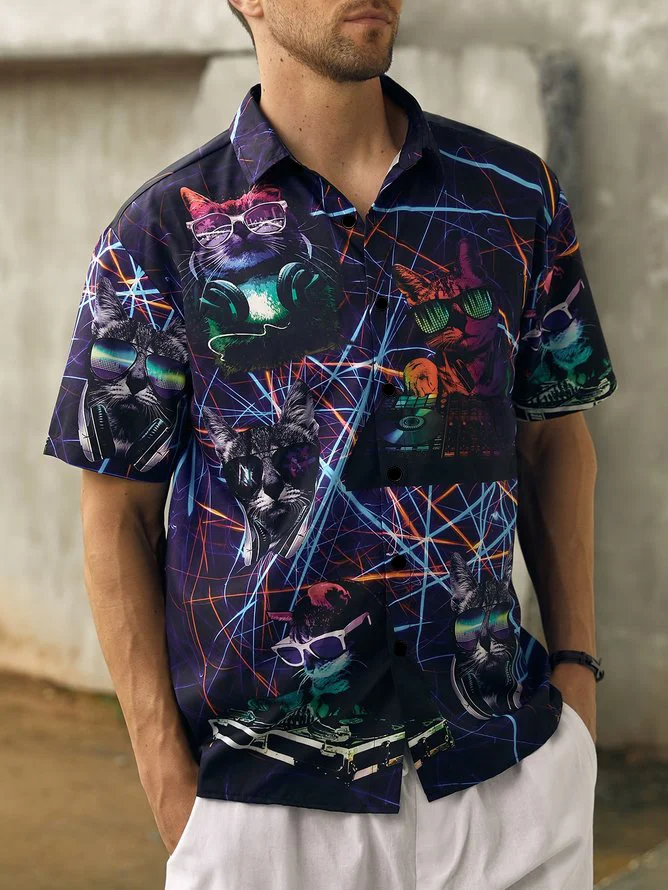 Hardaddy Music Cat Chest Pocket Short Sleeve Shirt