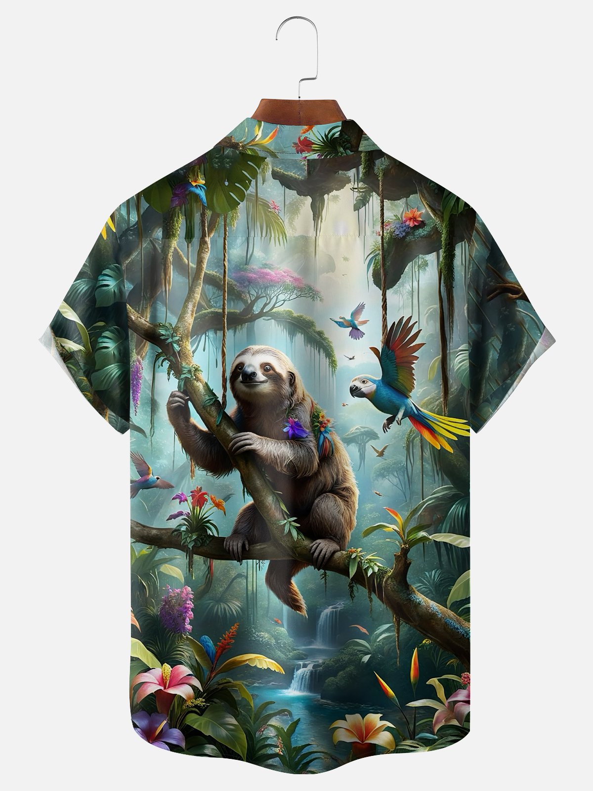 Moisture-wicking Animal Sloth Parrot Chest Pocket Hawaiian Shirt