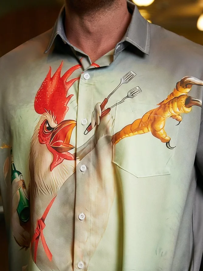 Tall Size Moisture-wicking Kungfu Rooster Chest Pocket Hawaiian Shirt