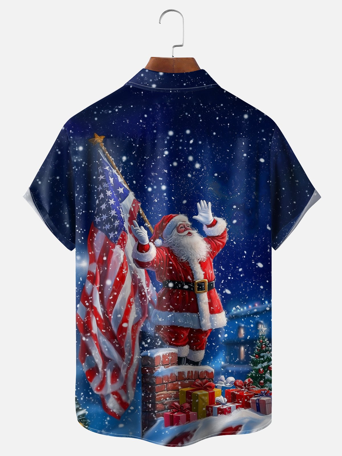 Moisture-wicking American Flag Christmas Santa Chest Pocket Patriotic Shirt