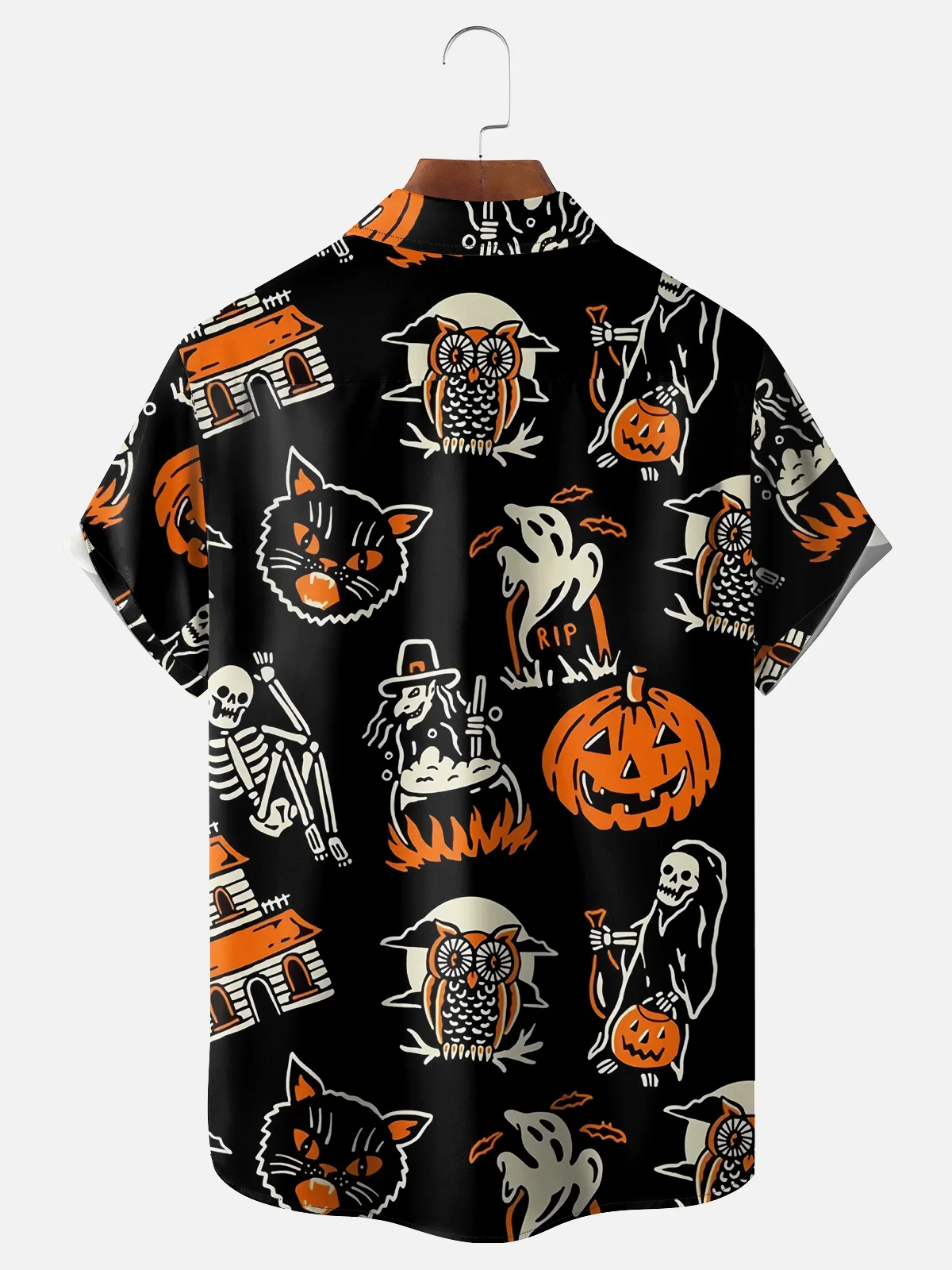 Men's Halloween Retro Cat and Witch Print Casual Breathable Short Sleeve Shirt