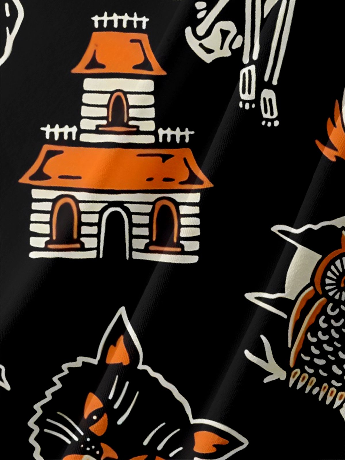 Men's Halloween Retro Cat and Witch Print Casual Breathable Short Sleeve Shirt