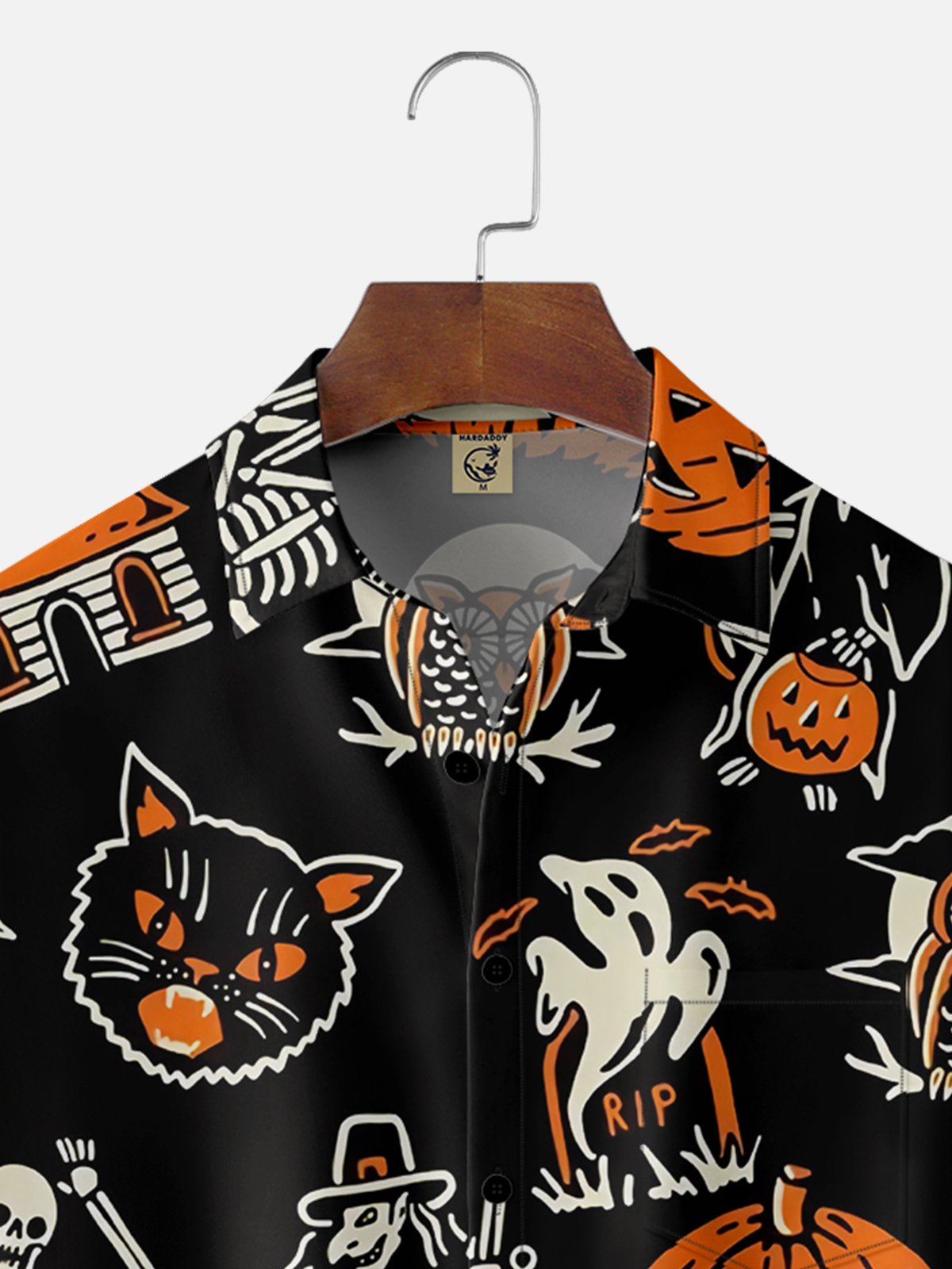 Men's Halloween Retro Cat and Witch Print Casual Breathable Short Sleeve Shirt