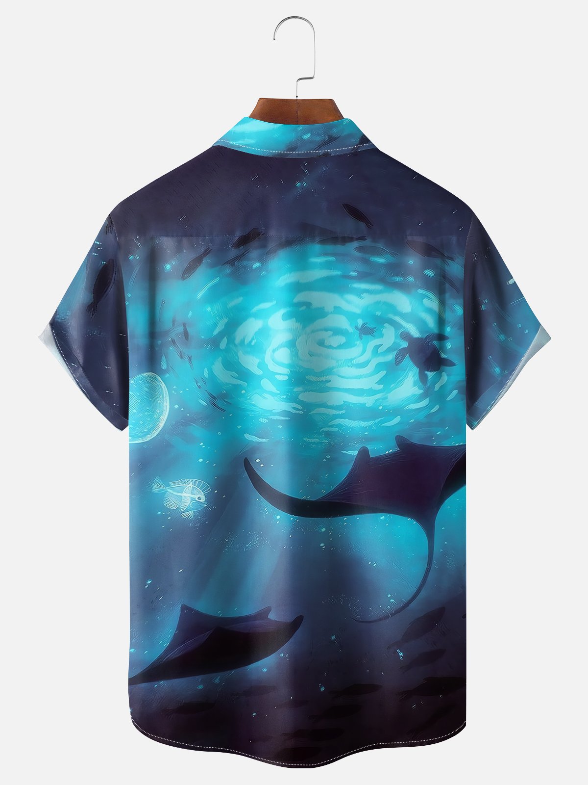 Moisture-wicking Ocean Art Manta Blue Chest Pocket Hawaiian Shirt