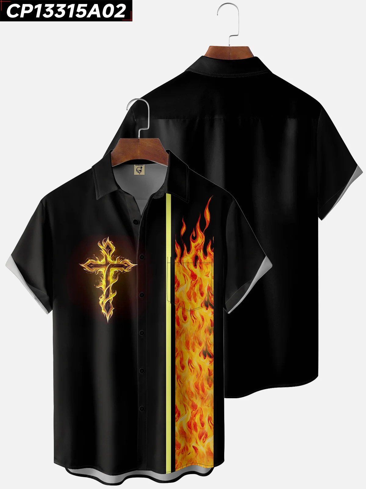 Moisture-wicking Cross Flame Chest Pocket Bowling Shirt
