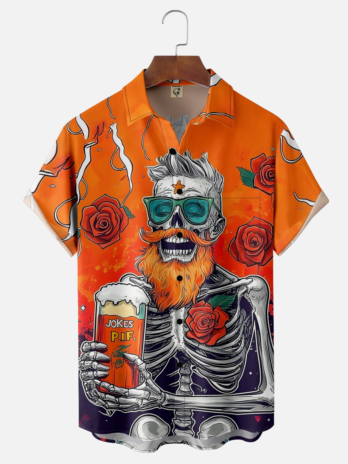 Moisture-wicking Rose Beer Skeleton Chest Pocket Hawaiian Shirt