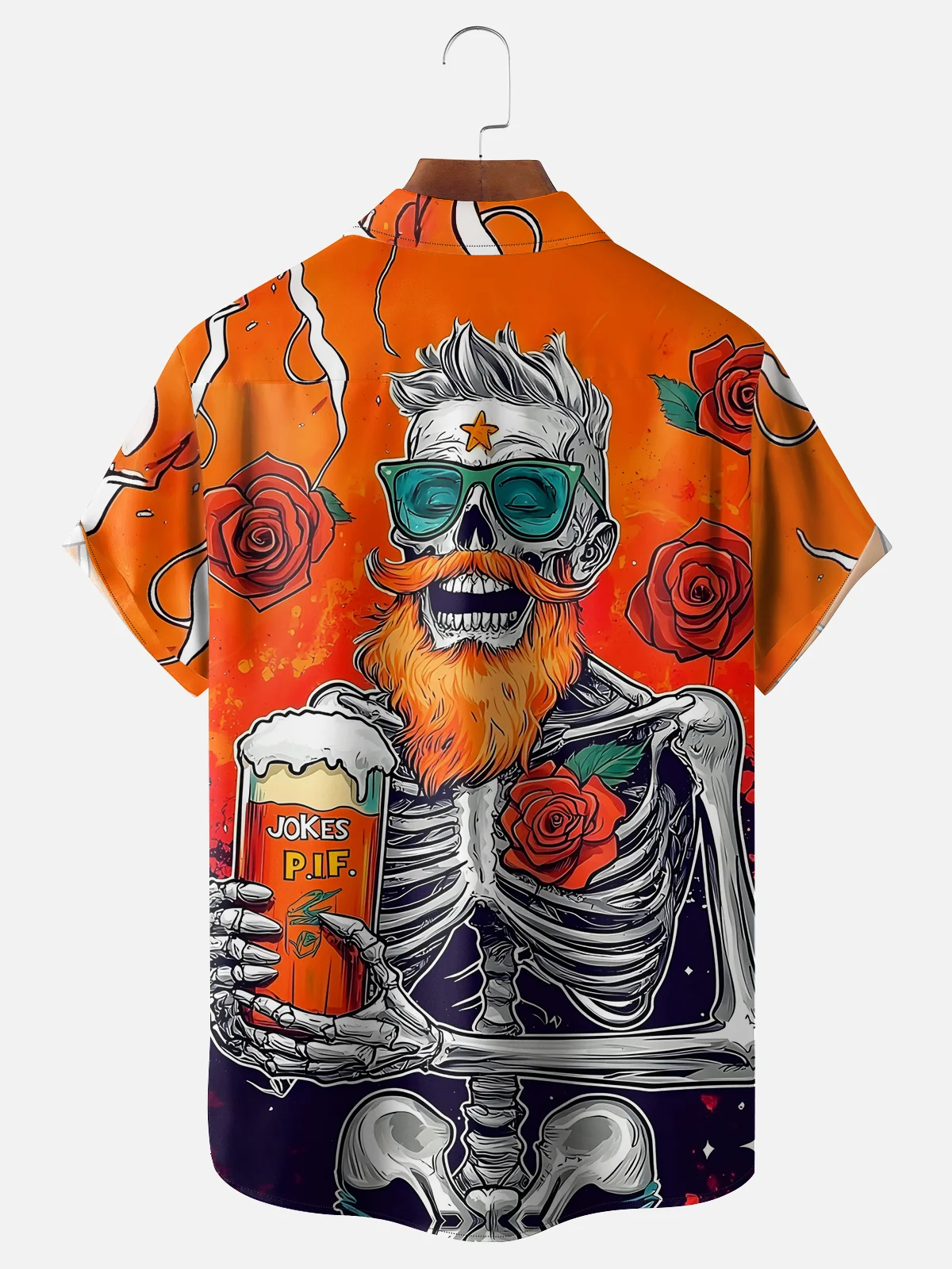 Moisture-wicking Rose Beer Skeleton Chest Pocket Hawaiian Shirt
