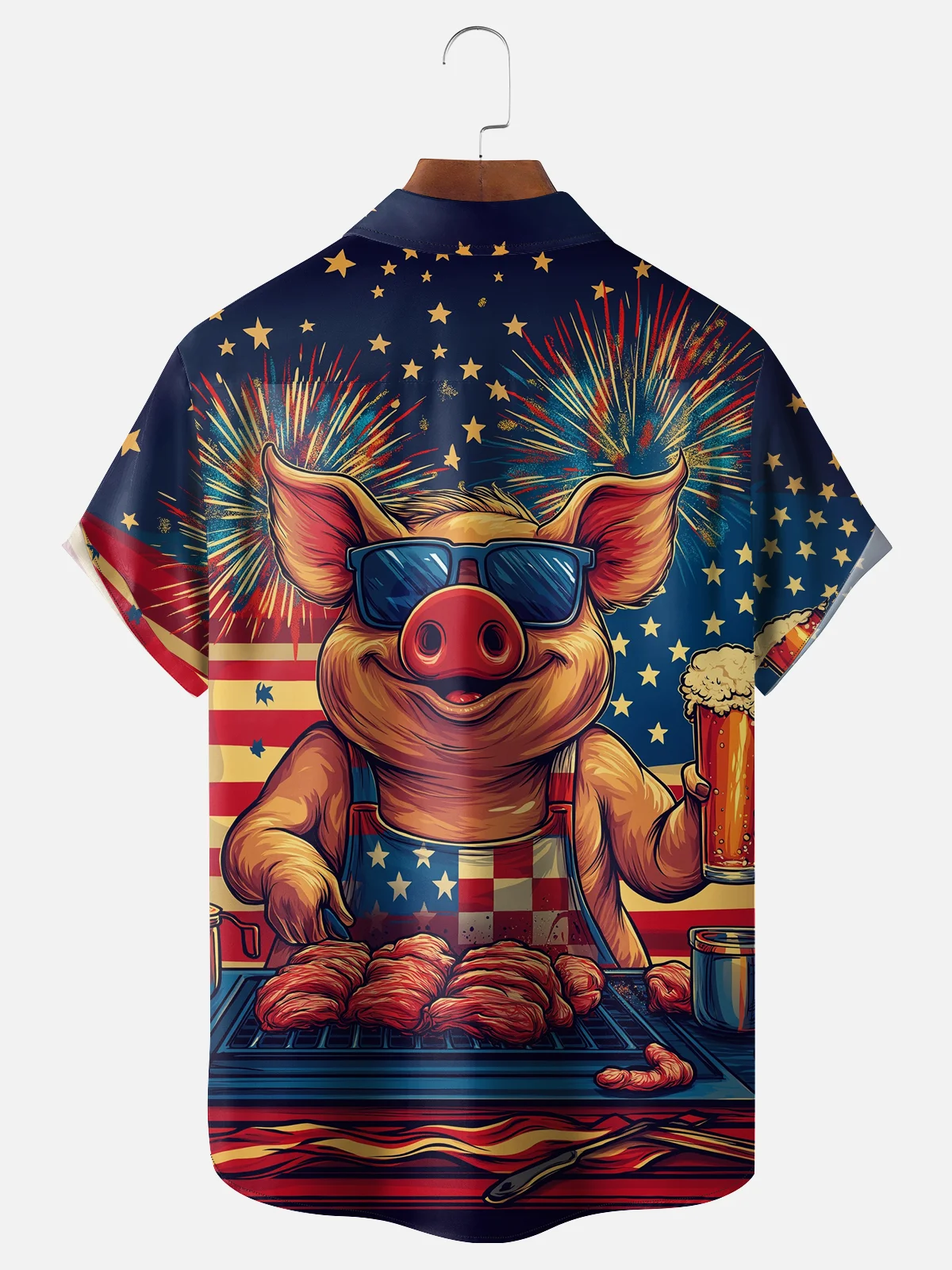 Moisture-wicking American Flag Chef Pig Beer Barbecue Chest Pocket Casual Shirt