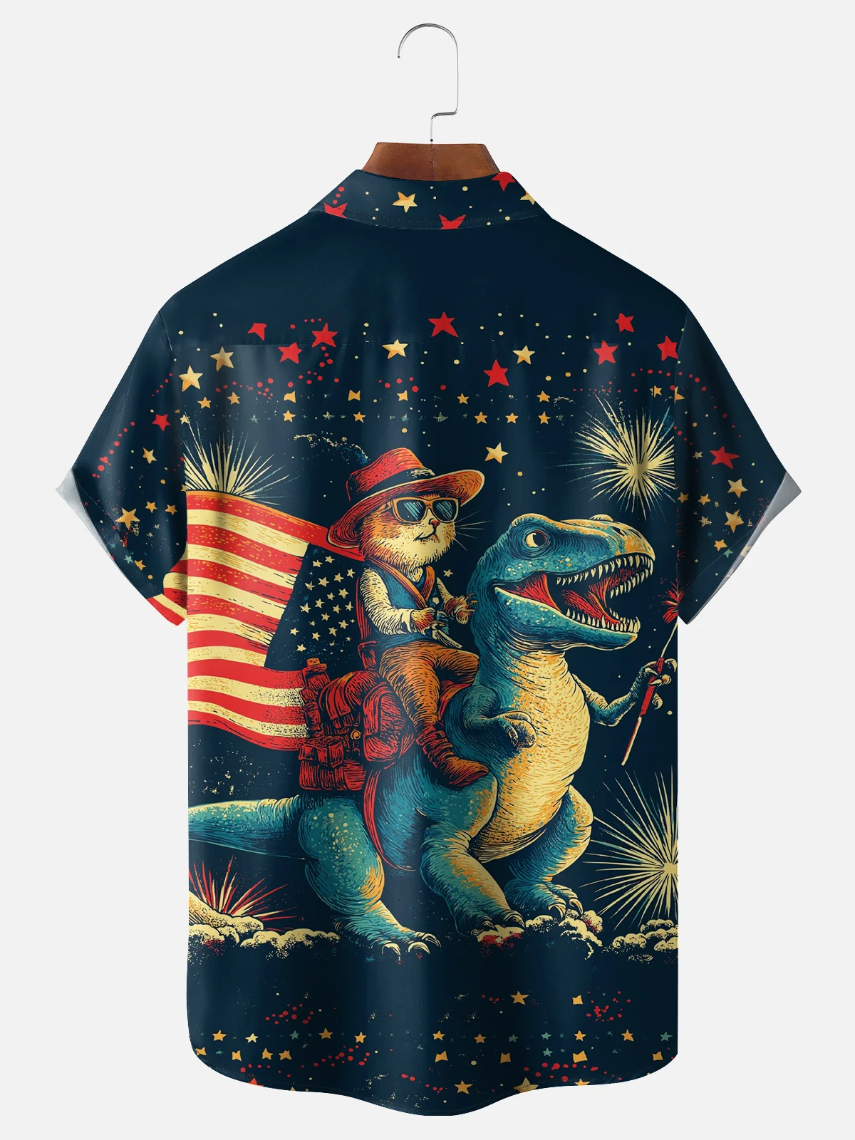 Moisture-wicking American Flag Cat Rides Dinosaur Chest Pocket Casual Shirt