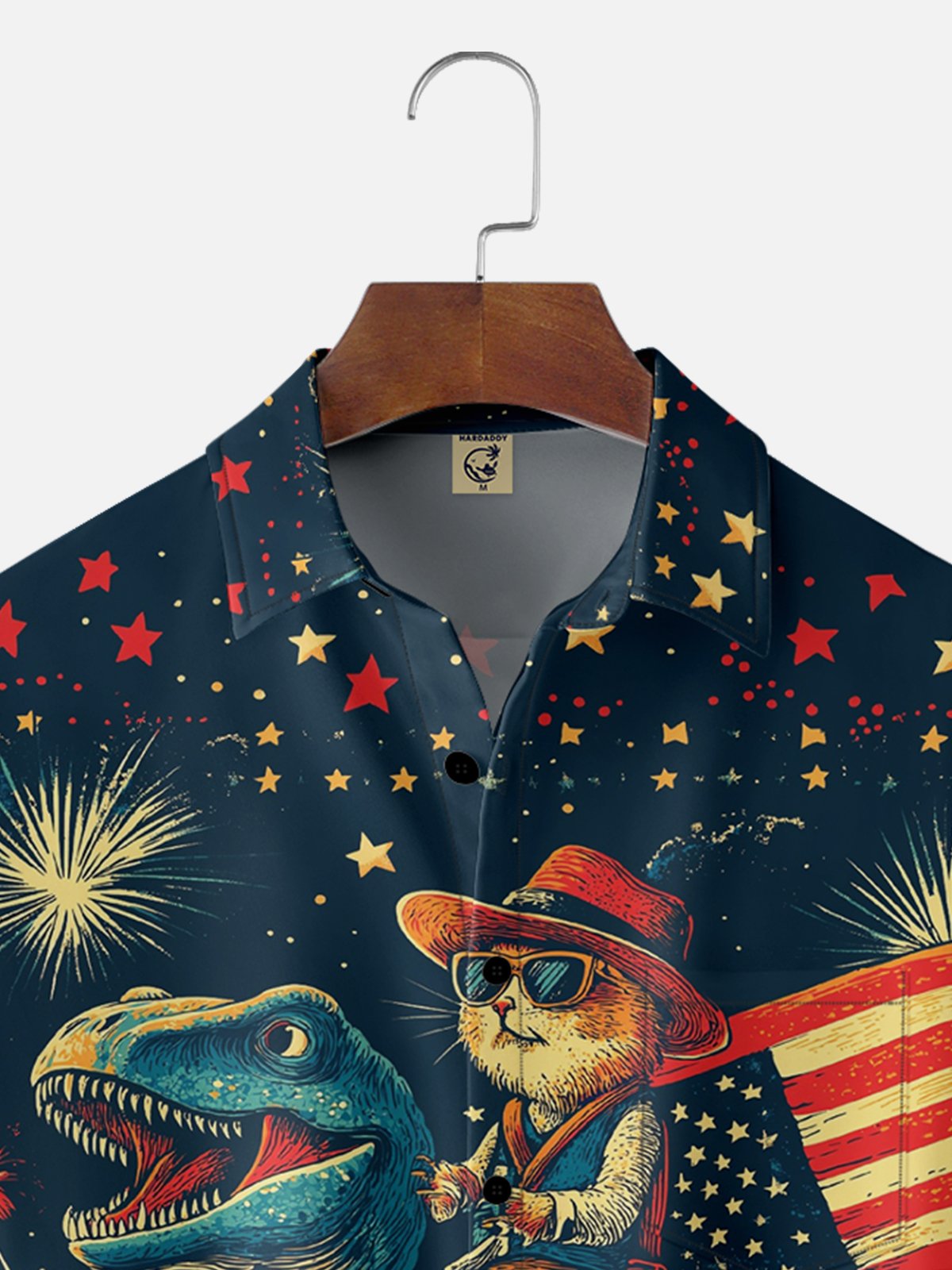 Moisture-wicking American Flag Cat Rides Dinosaur Chest Pocket Casual Shirt