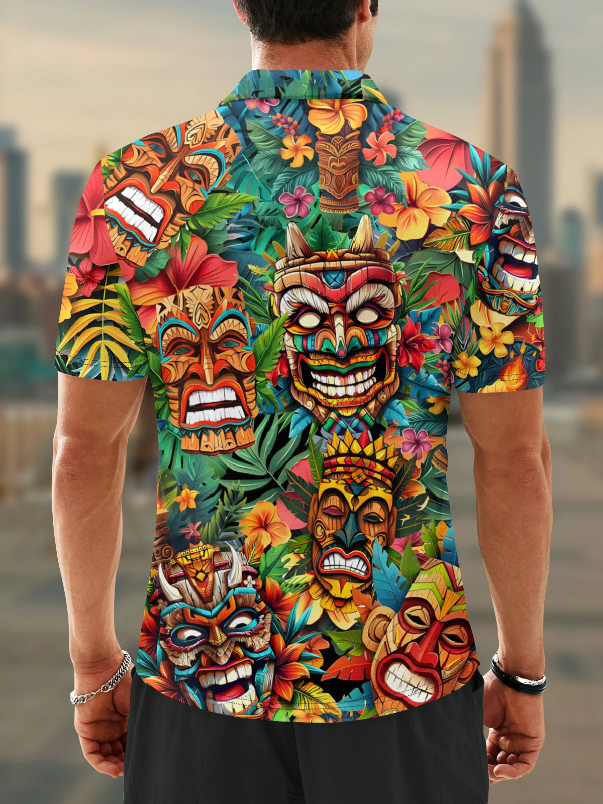 Moisture Wicking Hawaiian Tiki Flowers Golf Polo