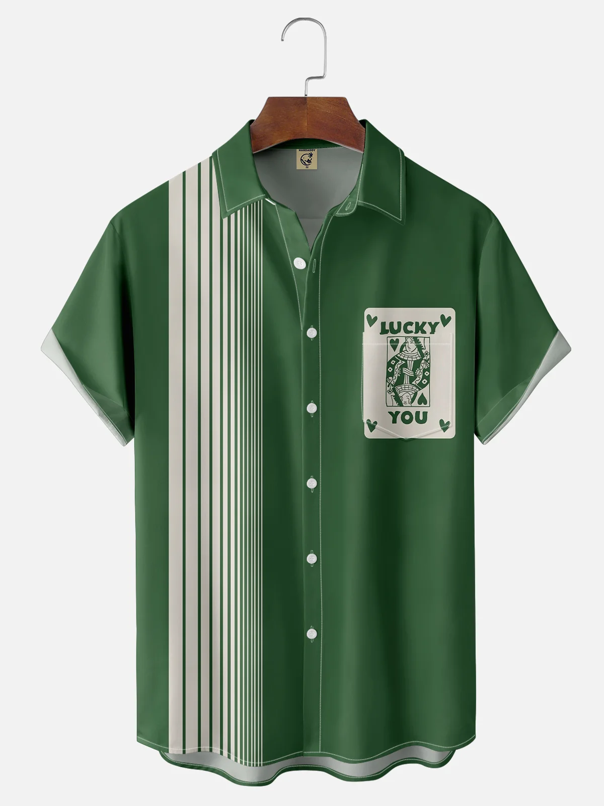 Moisture-wicking Fun and Avant-garde Playing Cards "LUCKY YOU" Chest Pocket Bowling Shirt