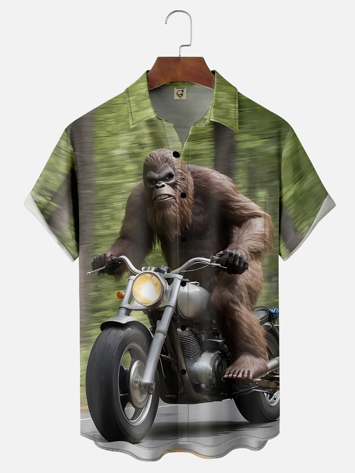 Moisture-wicking Bigfoot Motorcycle Art Fun Chest Pocket Hawaiian Shirt