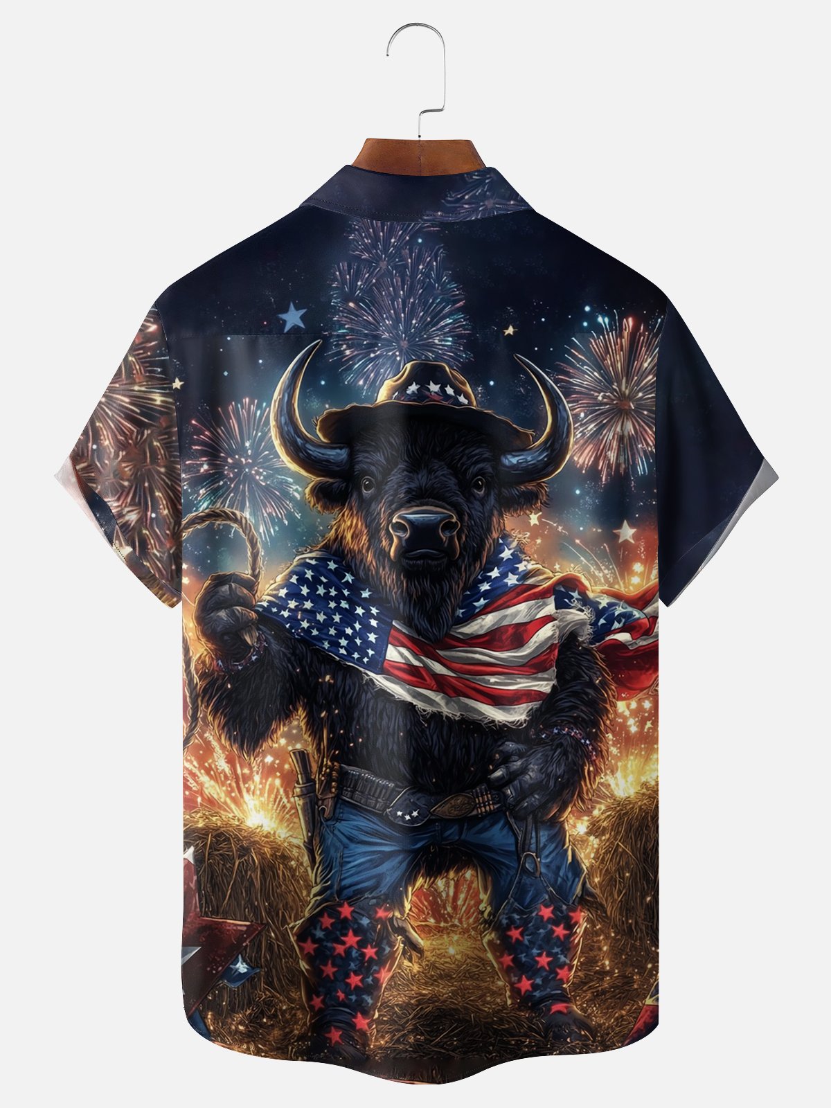 Moisture-wicking American Flag Bull Cowboy Chest Pocket Casual Shirt