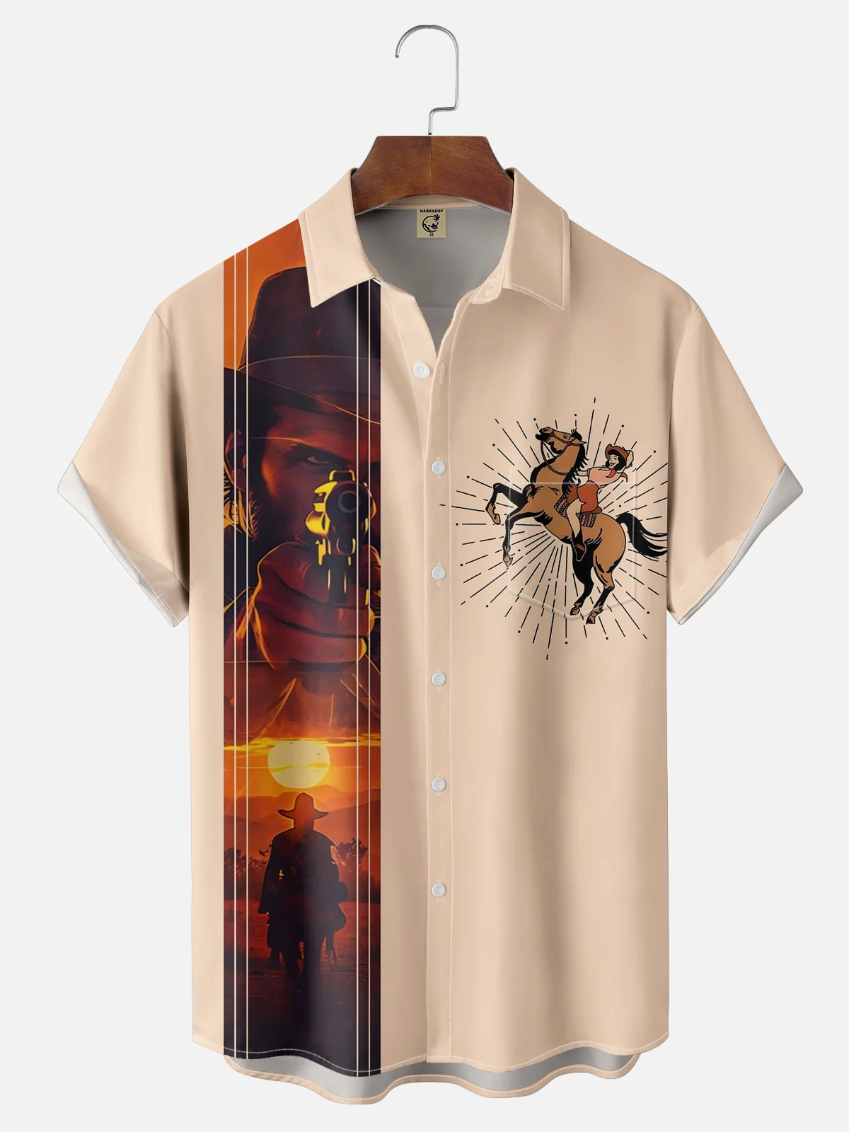Moisture-wicking Wild Cowboy Art Passion Chest Pocket Bowling Shirt