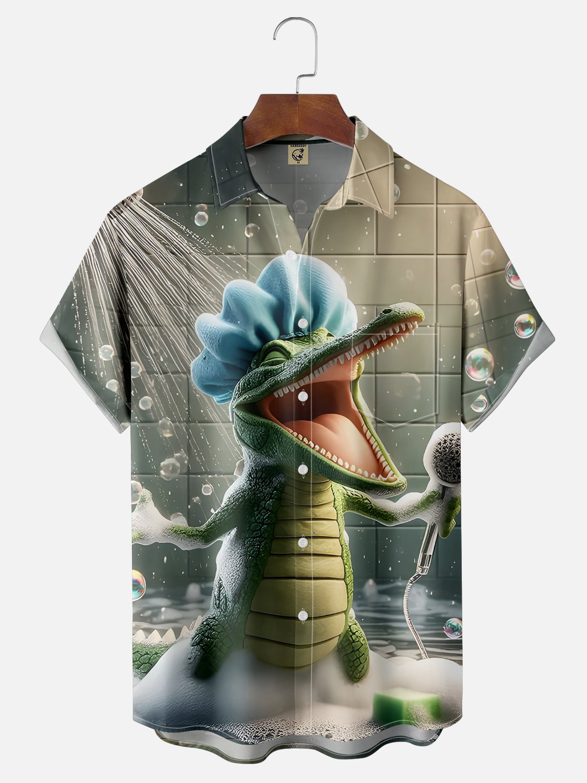 Moisture-wicking Fun Alligator Bath Art Chest Pocket Hawaiian Shirt