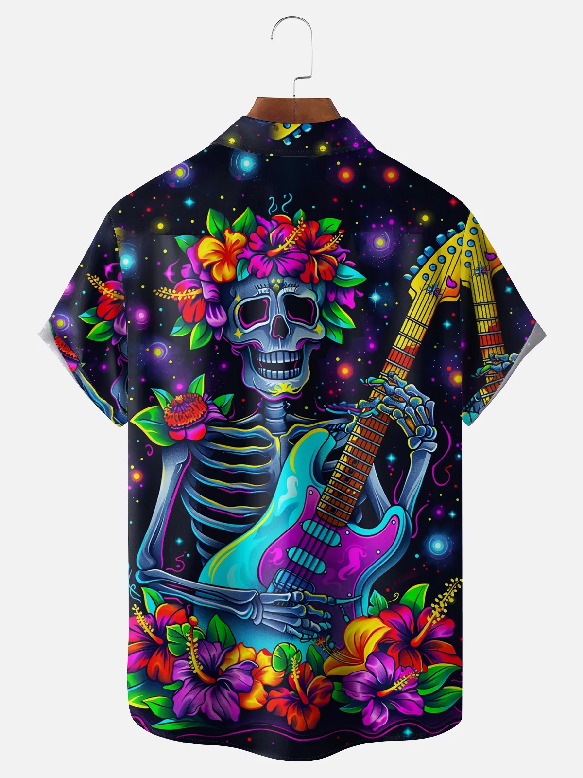 Moisture Wicking Day of the Dead Skull Guitar Chest Pocket Hawaiian Shirt