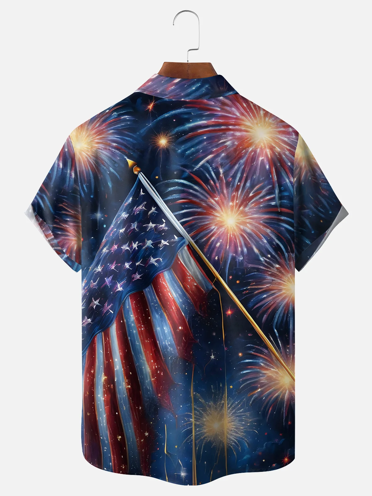 Moisture Wicking American Flag Fireworks Patriotic Chest Pocket Hawaiian Shirt