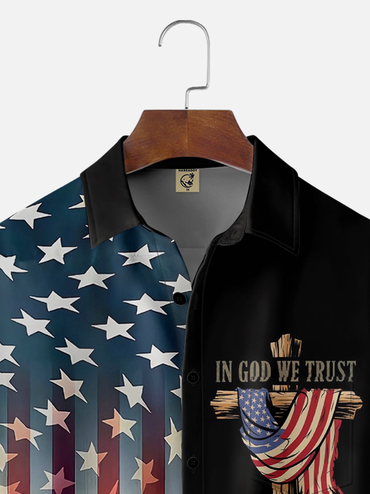 Moisture Wicking American Flag Cross IN GOD WE TRUST Patriotic Chest Pocket Hawaiian Shirt