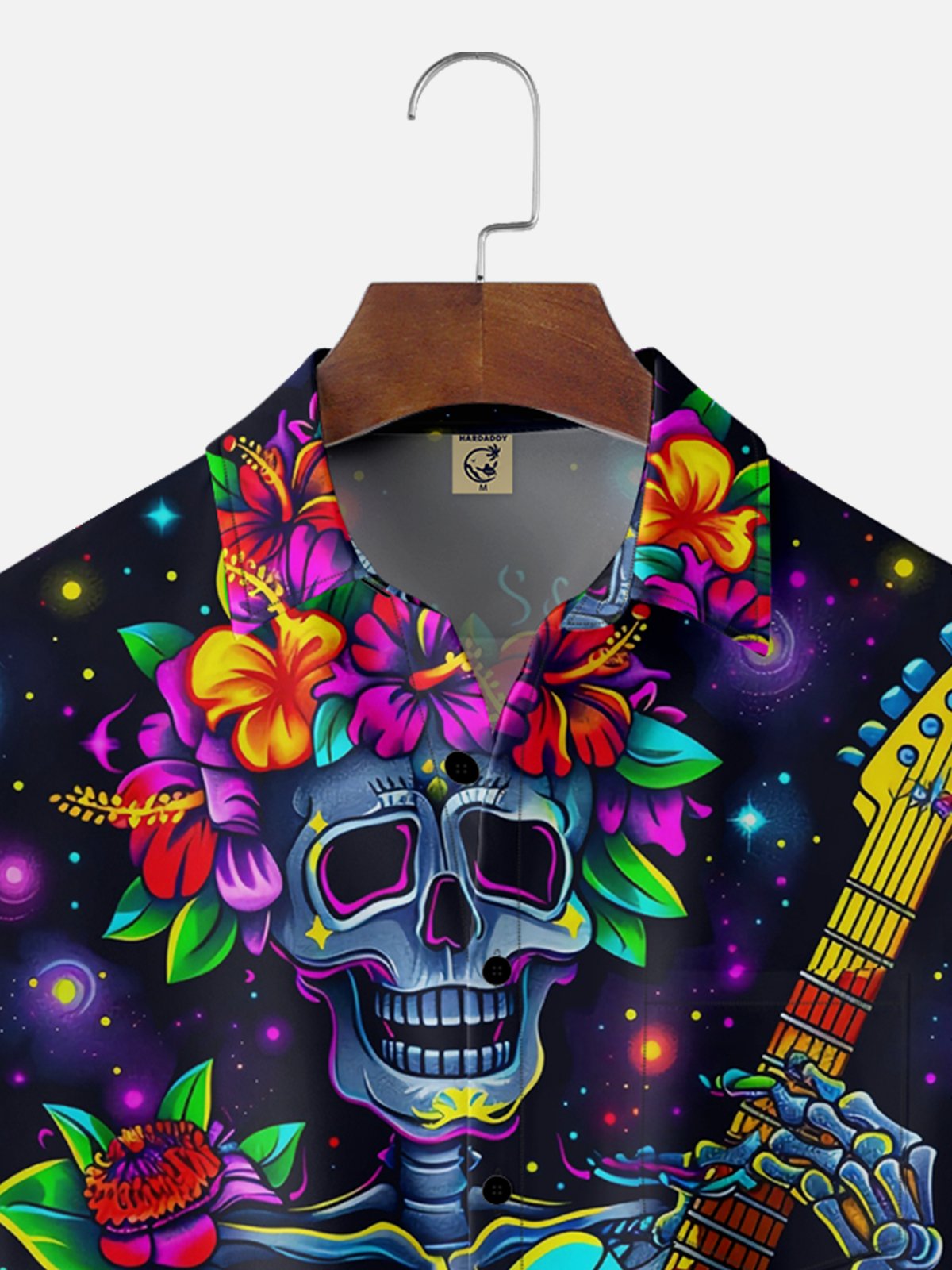 Moisture Wicking Day of the Dead Skull Guitar Chest Pocket Hawaiian Shirt