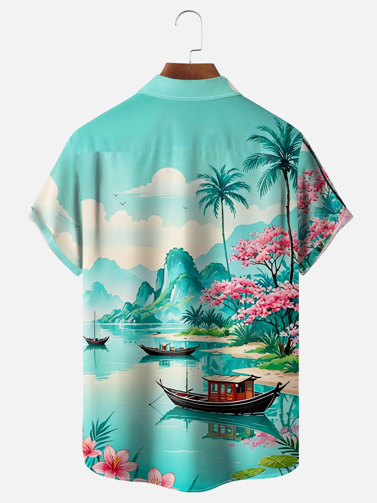 Moisture Wicking Coconut Tree Landscape Chest Pocket Hawaiian Shirt