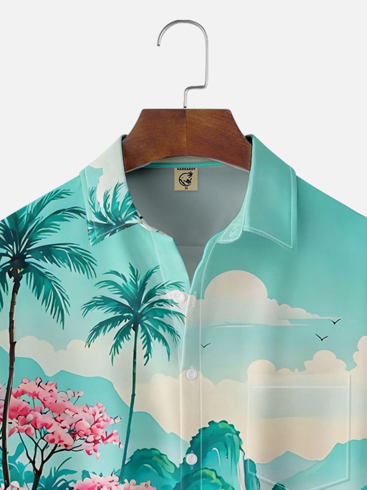 Moisture Wicking Coconut Tree Landscape Chest Pocket Hawaiian Shirt