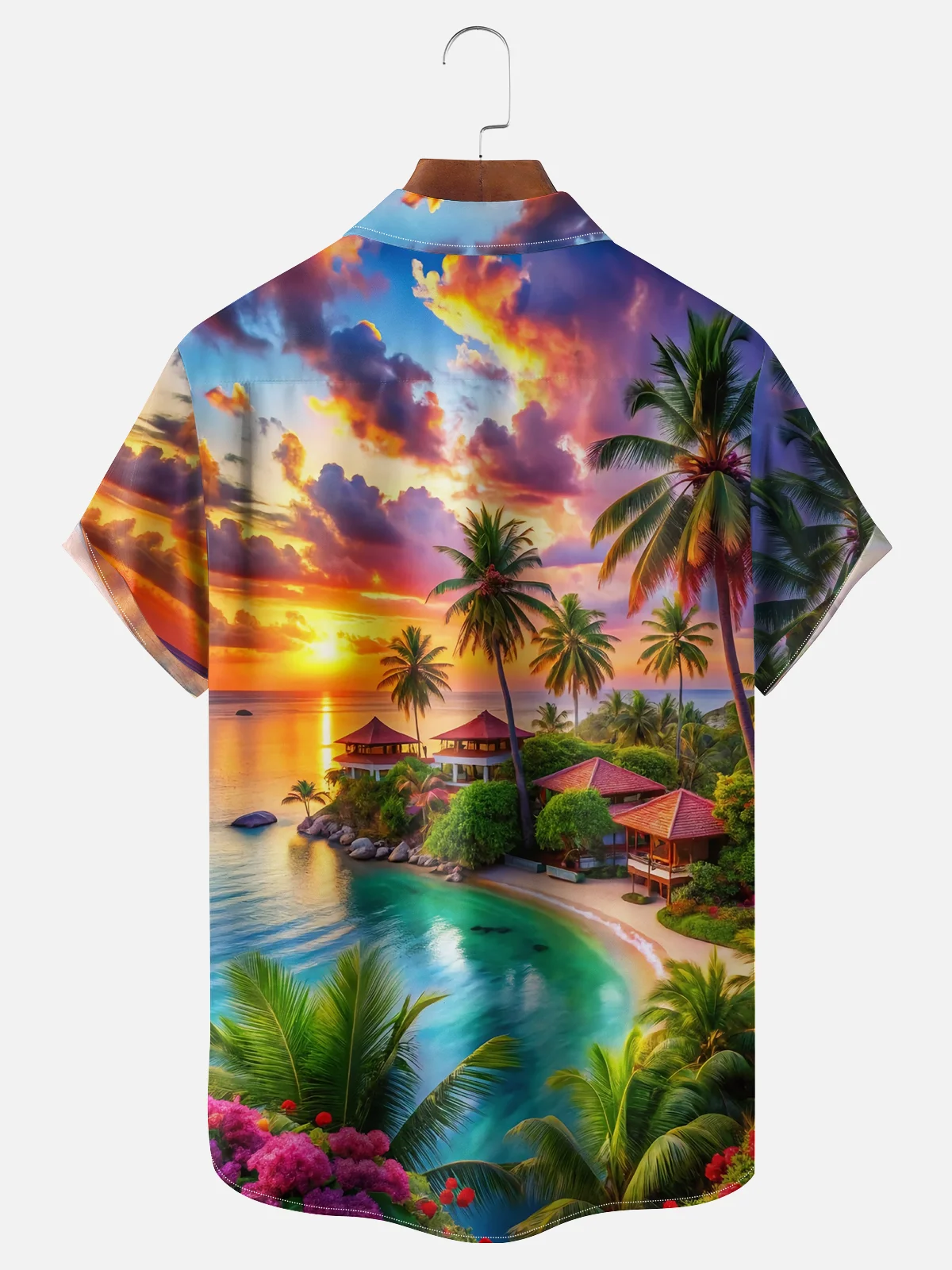 Moisture-wicking Beach Coconut Trees Sunset Chest Pocket Hawaiian Shirt