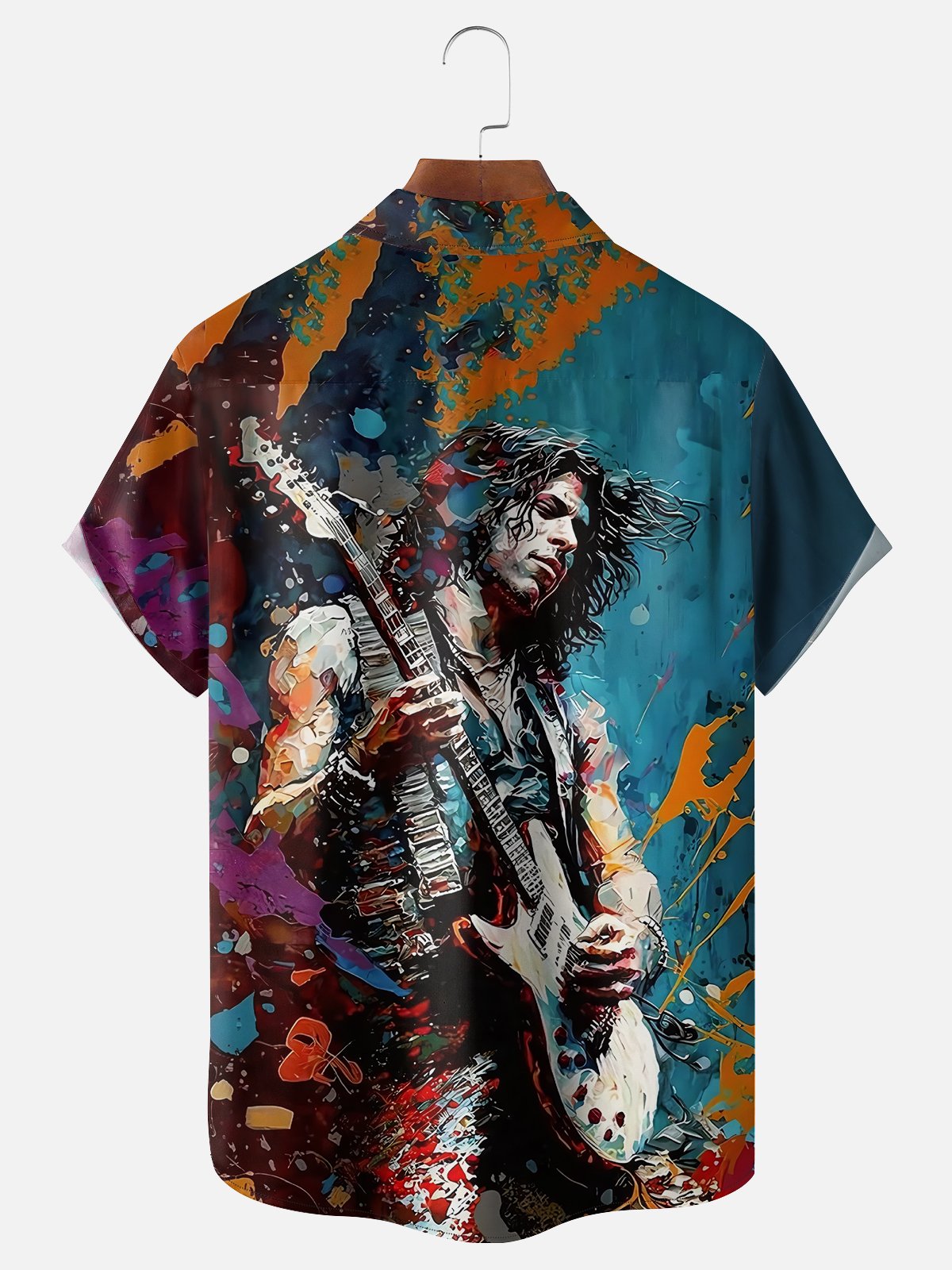 Moisture-wicking Rock Spirit Guitarist Art Painting Chest Pocket Casual Shirt