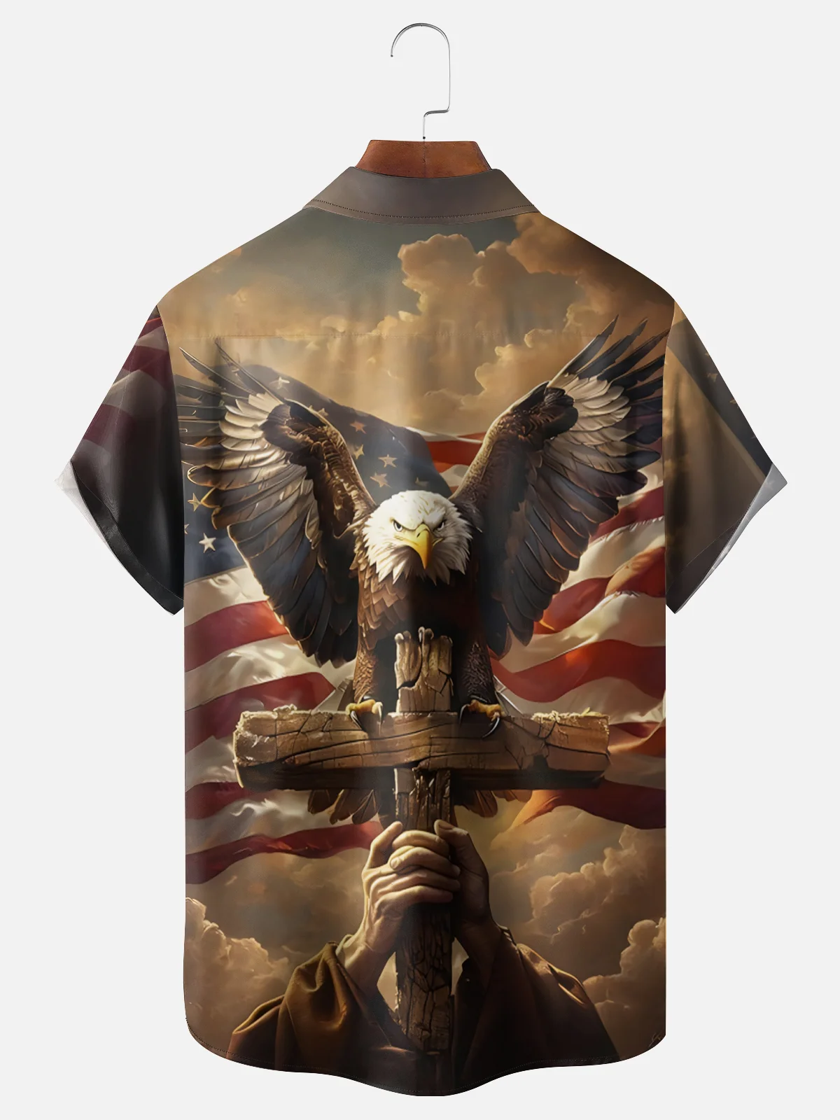 Moisture-wicking Patriotic Flag Eagle Cross Chest Pocket Casual Shirt