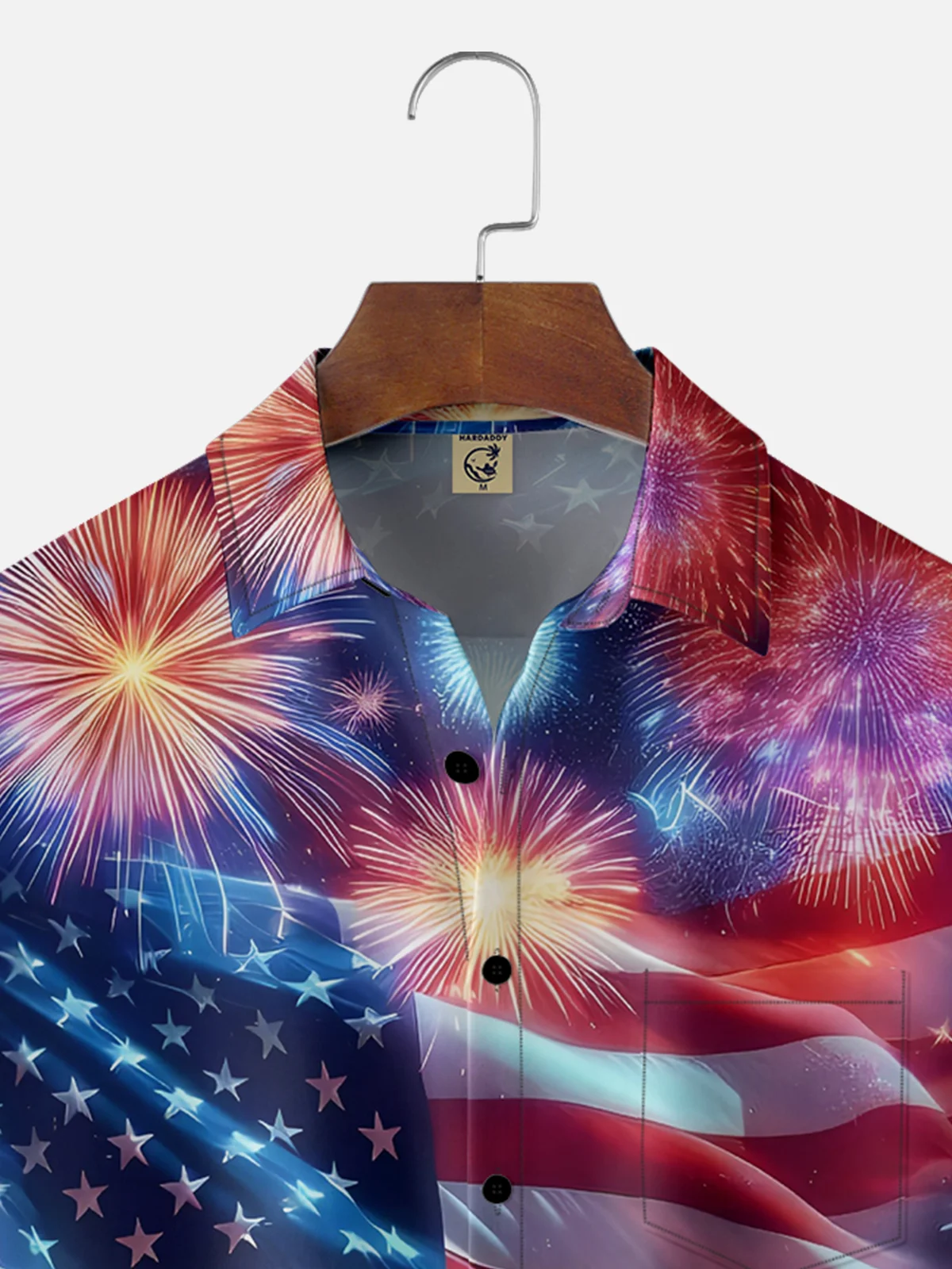 Moisture-wicking Patriotic Flag Fireworks Chest Pocket Casual Shirt
