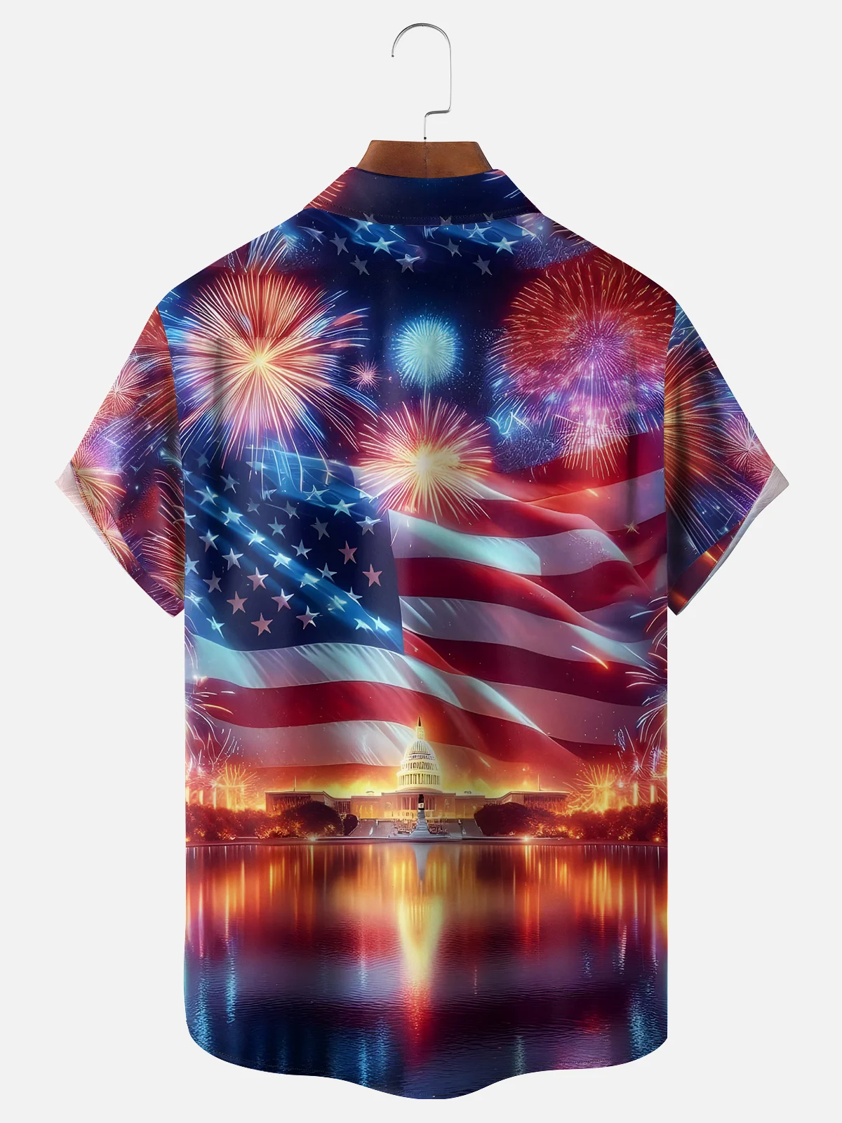 Moisture-wicking Patriotic Flag Fireworks Chest Pocket Casual Shirt