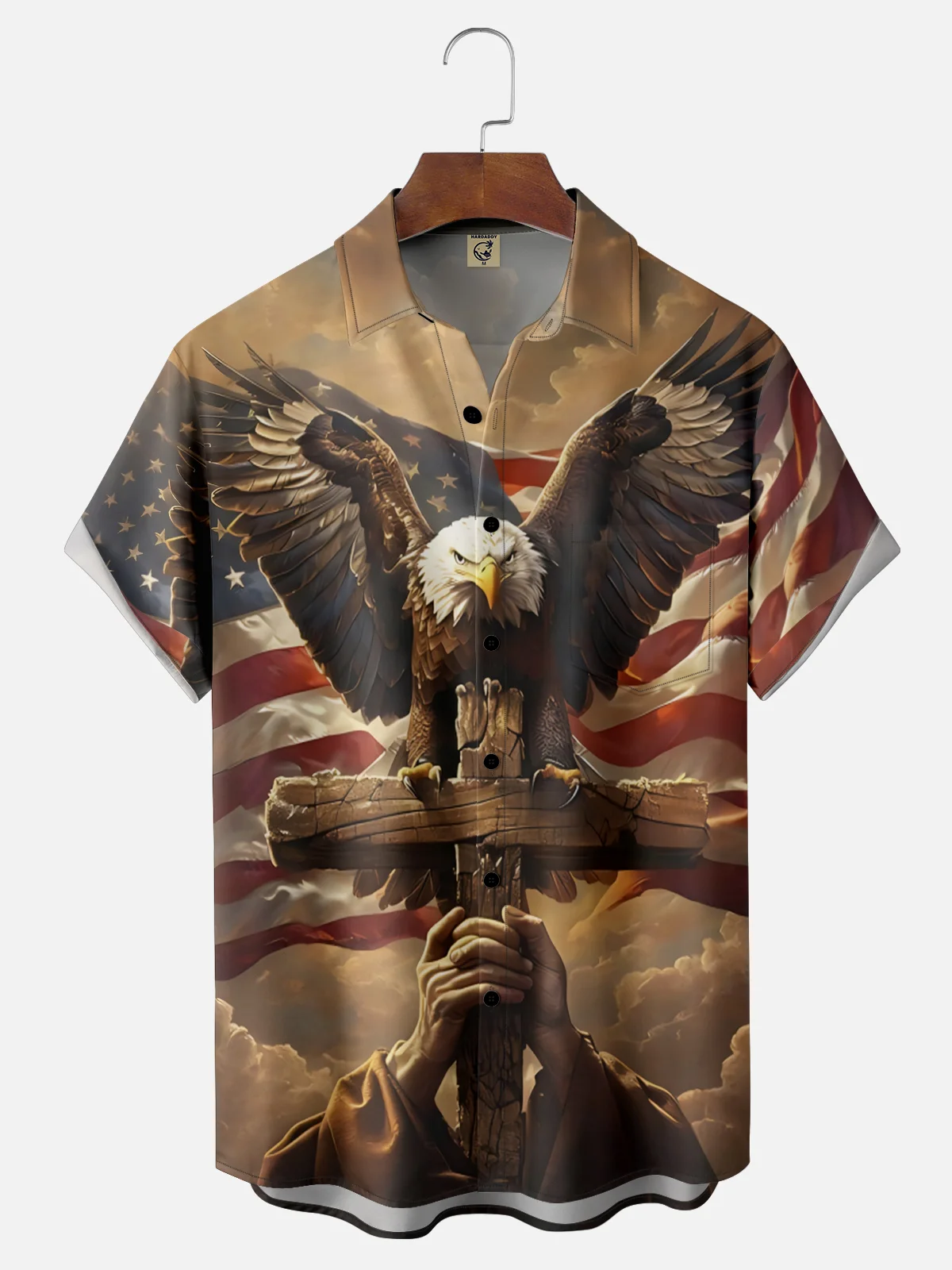 Moisture-wicking Patriotic Flag Eagle Cross Chest Pocket Casual Shirt
