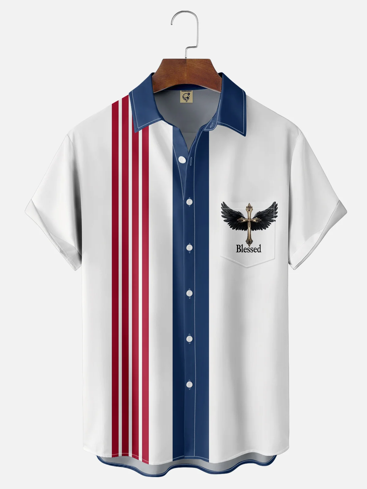 Moisture-wicking Jesus Bless Cross Easter Chest Pocket Bowling Shirt