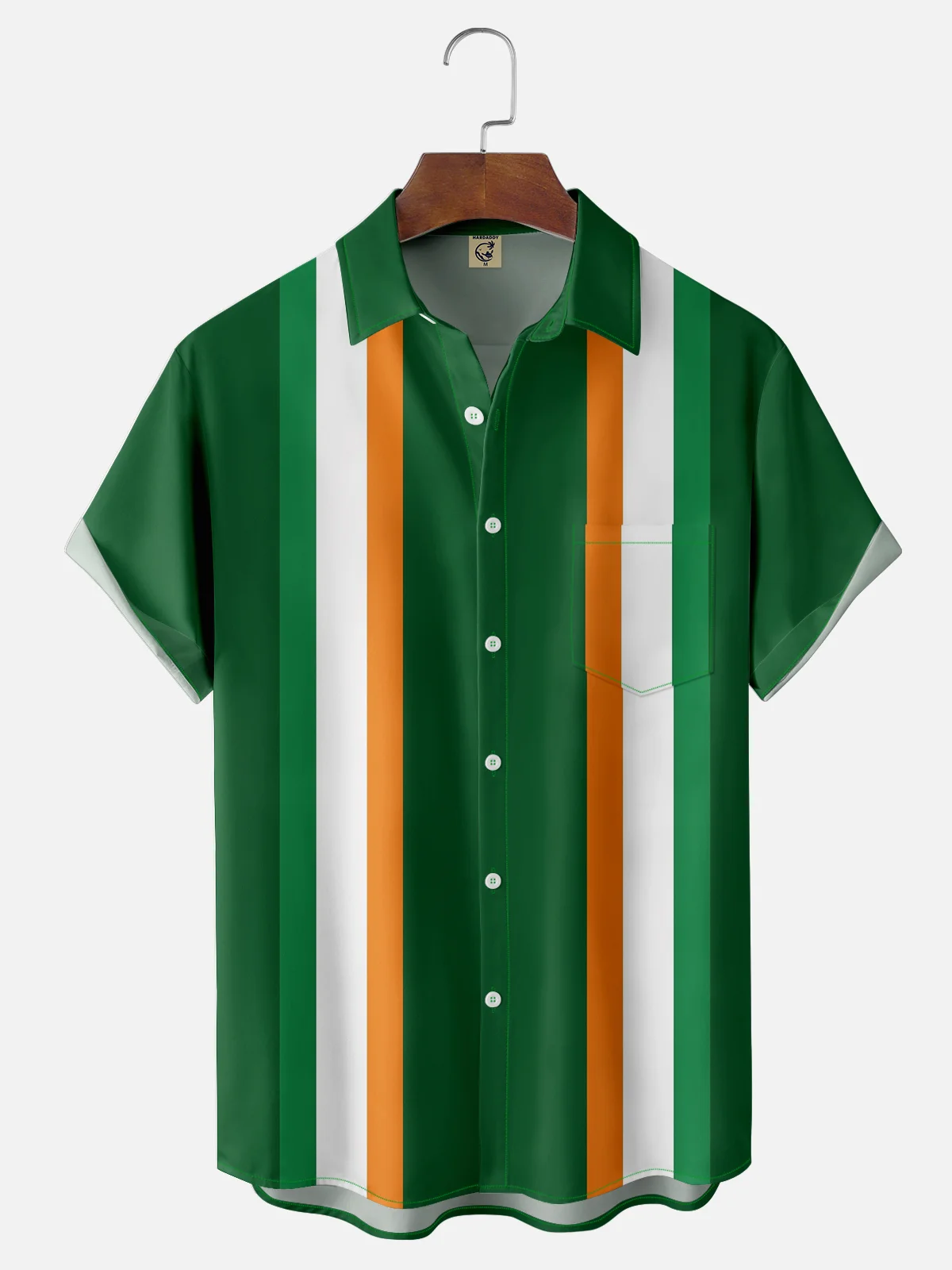 Tall Size Moisture-wicking St. Patrick's Day Irish Stripe Chest Pocket Bowling Shirt