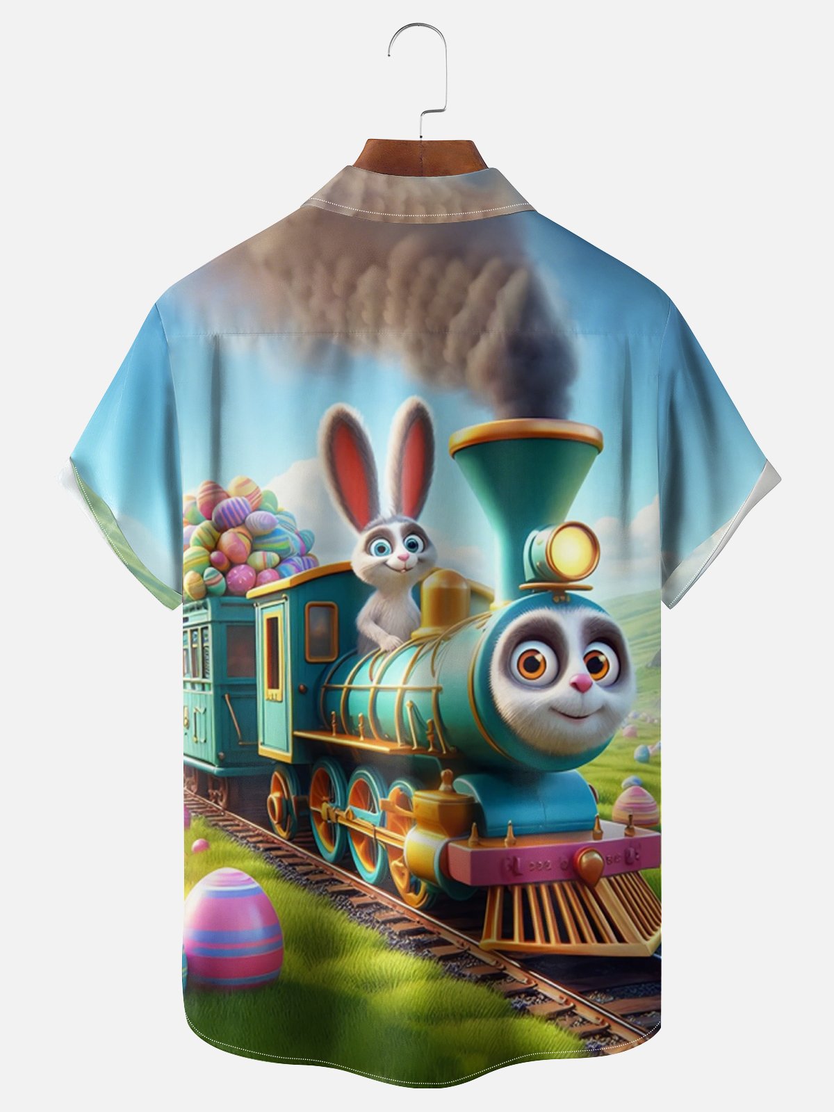 Moisture Wicking Easter Egg Bunny Train Chest Pocket Hawaiian Shirt