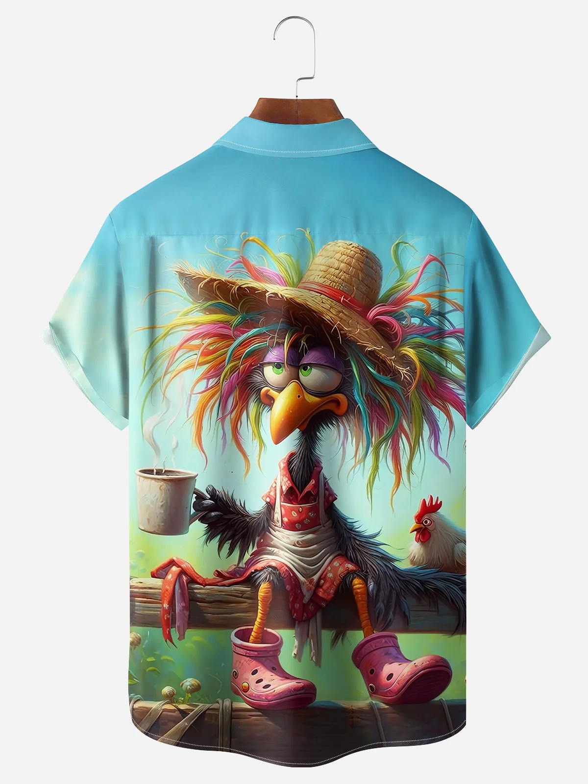 Tall Size Moisture-wicking Early Chicken Drinks Coffee Chest Pocket Hawaiian Shirt
