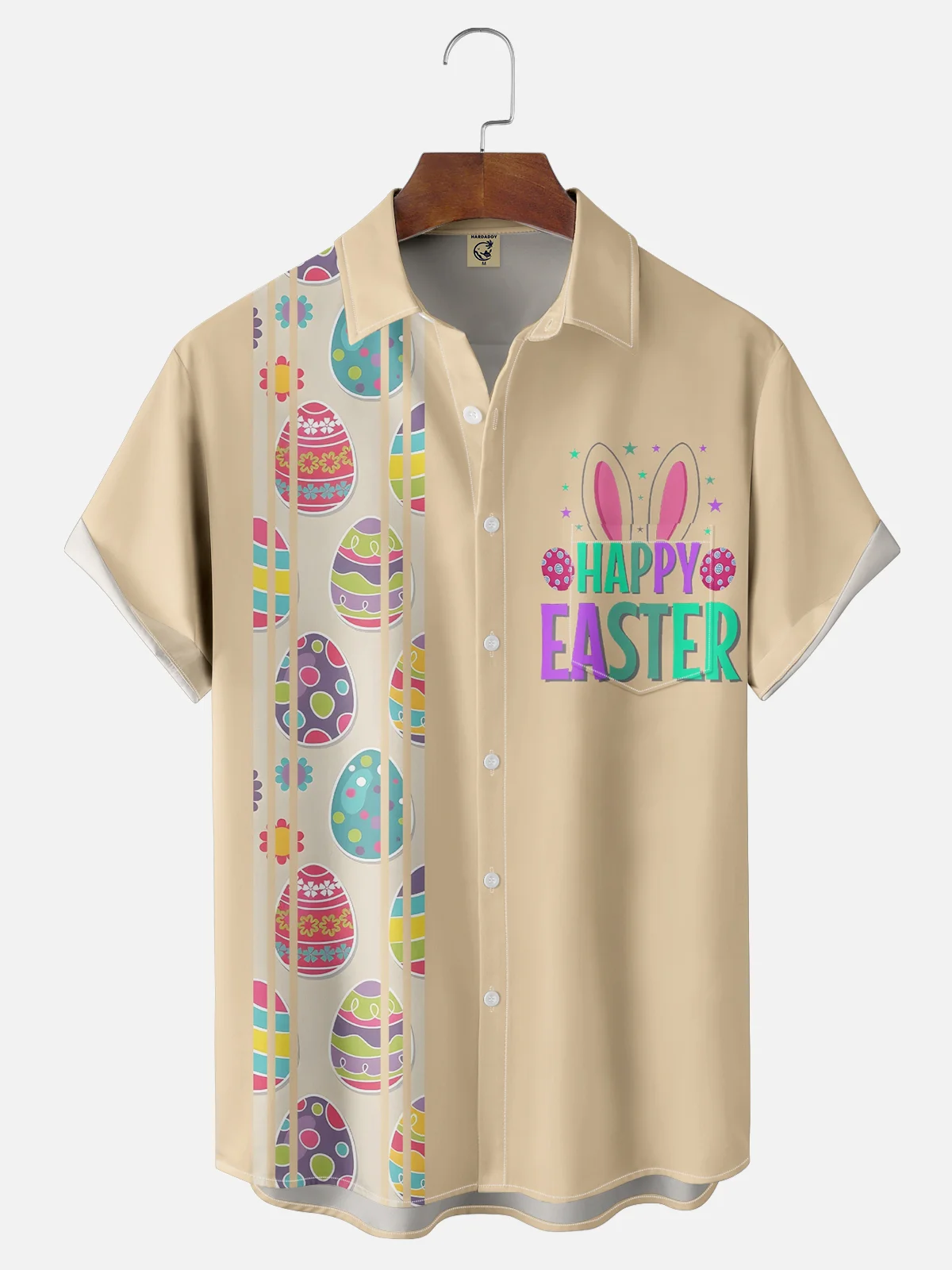 Moisture-wicking Happy Easter Bunny Egg Art Chest Pocket Bowling Shirt