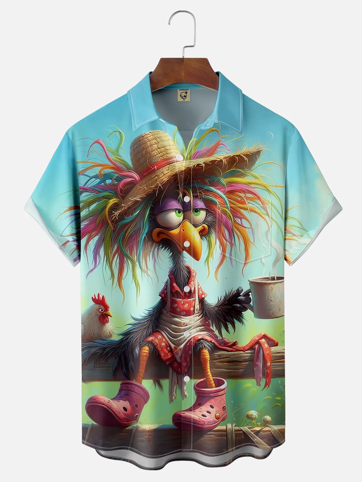 Tall Size Moisture-wicking Early Chicken Drinks Coffee Chest Pocket Hawaiian Shirt
