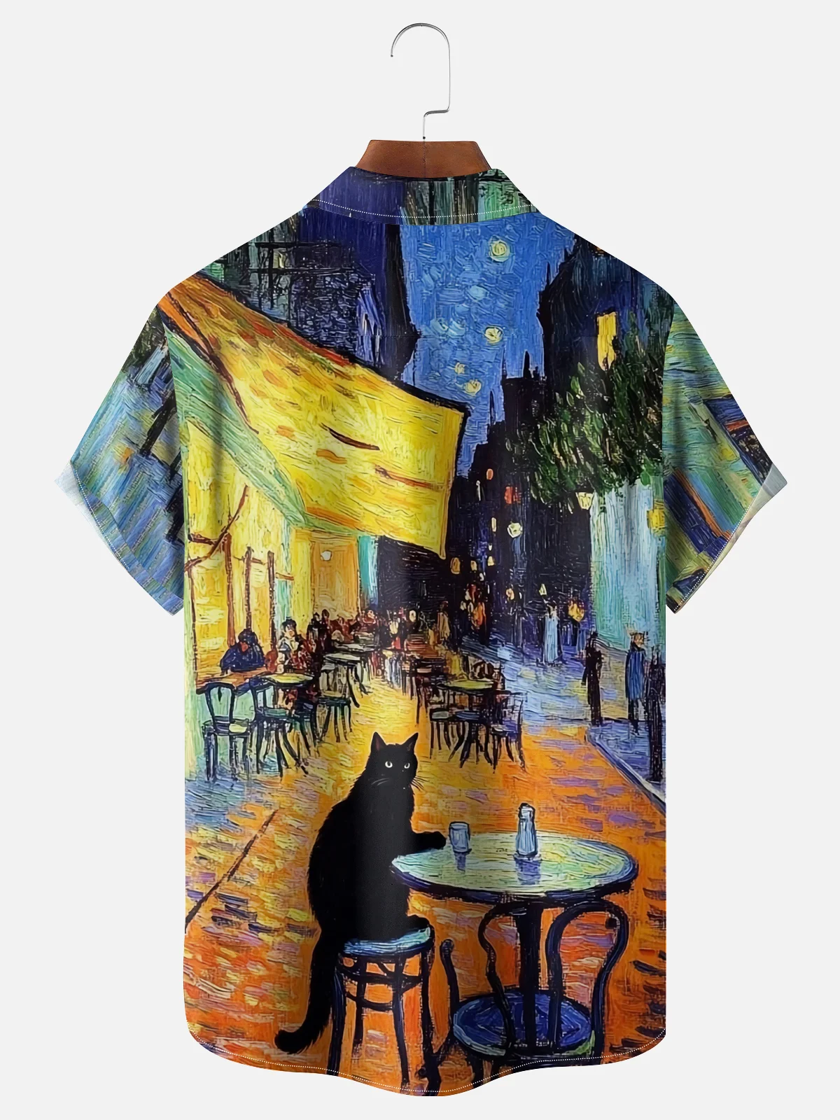Moisture-wicking Cafe Terrace at Night Black Cat Chest Pocket Casual Shirt