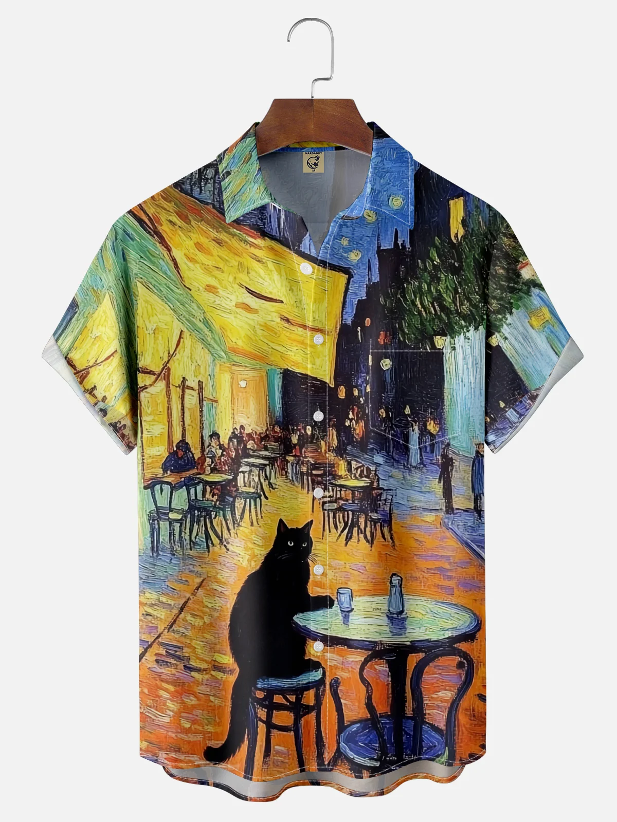 Moisture-wicking Cafe Terrace at Night Black Cat Chest Pocket Casual Shirt