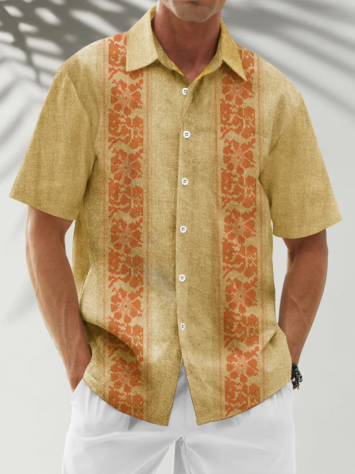 Moisture Wicking Striped Floral Chest Pocket Guayabera Shirt