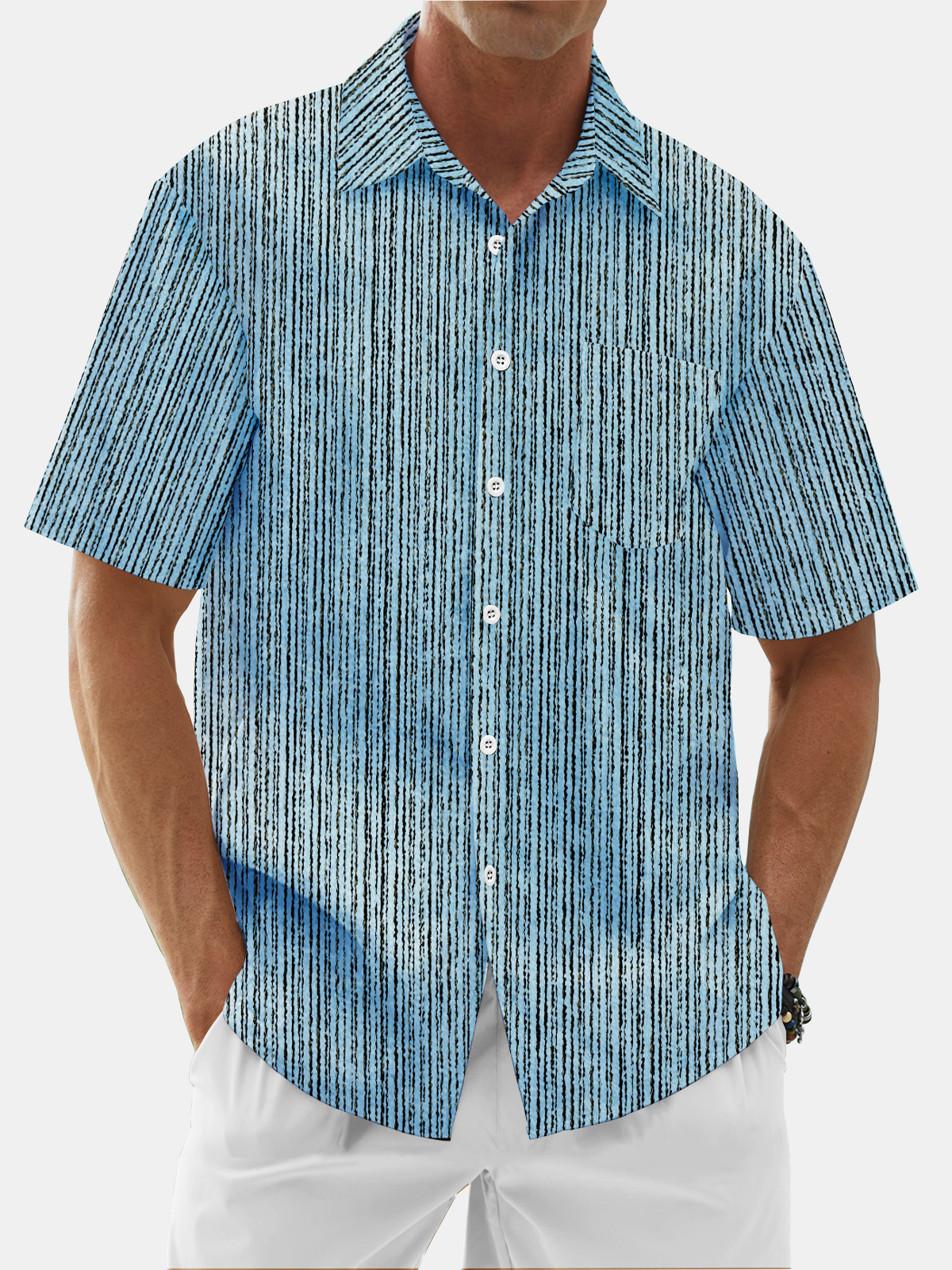 Moisture Wicking Stripes Textured Chest Pocket Casual Shirts
